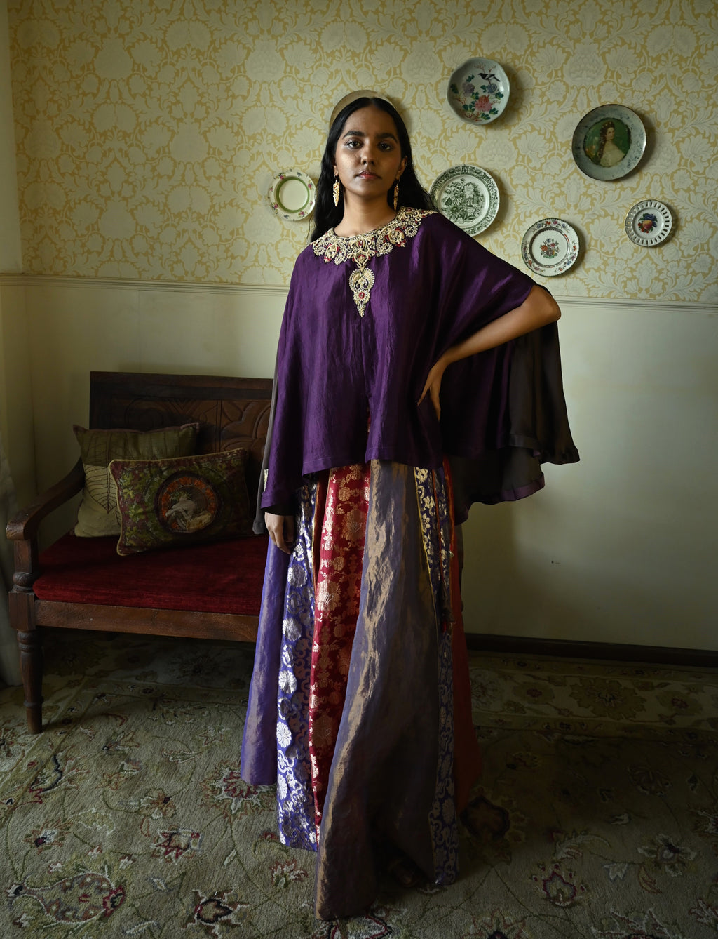 Roshni  Lehenga in Purple and Red Brocade  & Purple Maharani cape