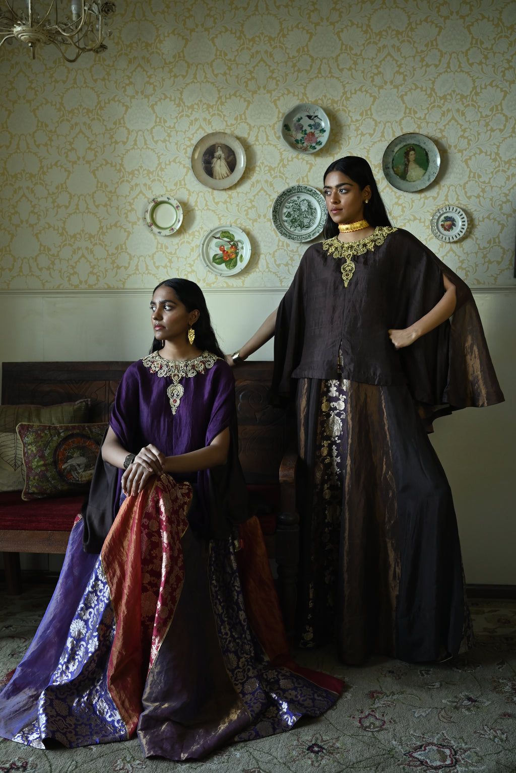 Roshni  Lehenga in Purple and Red Brocade  & Purple Maharani cape