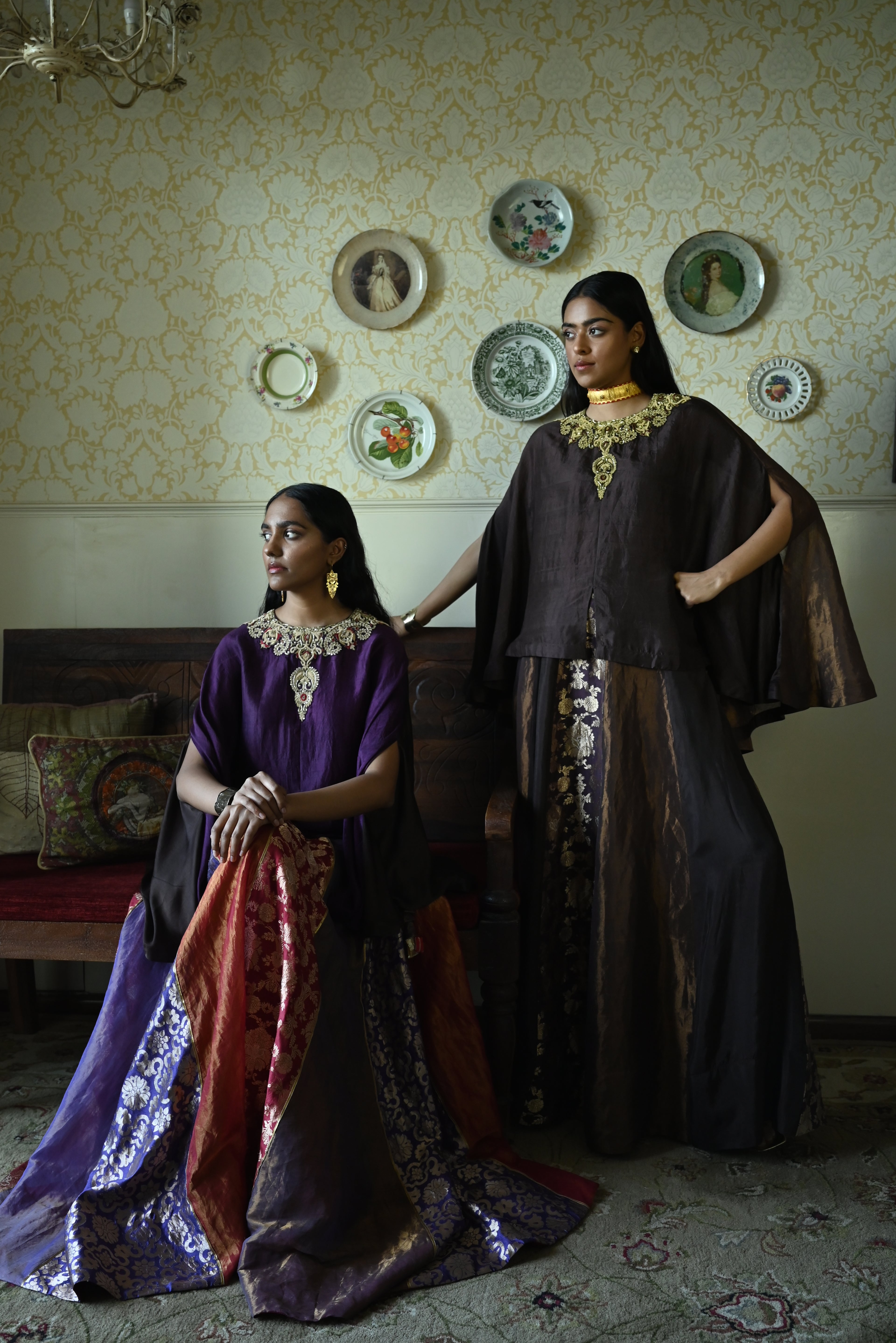 Roshni  Lehenga in Purple and Red Brocade  & Purple Maharani cape