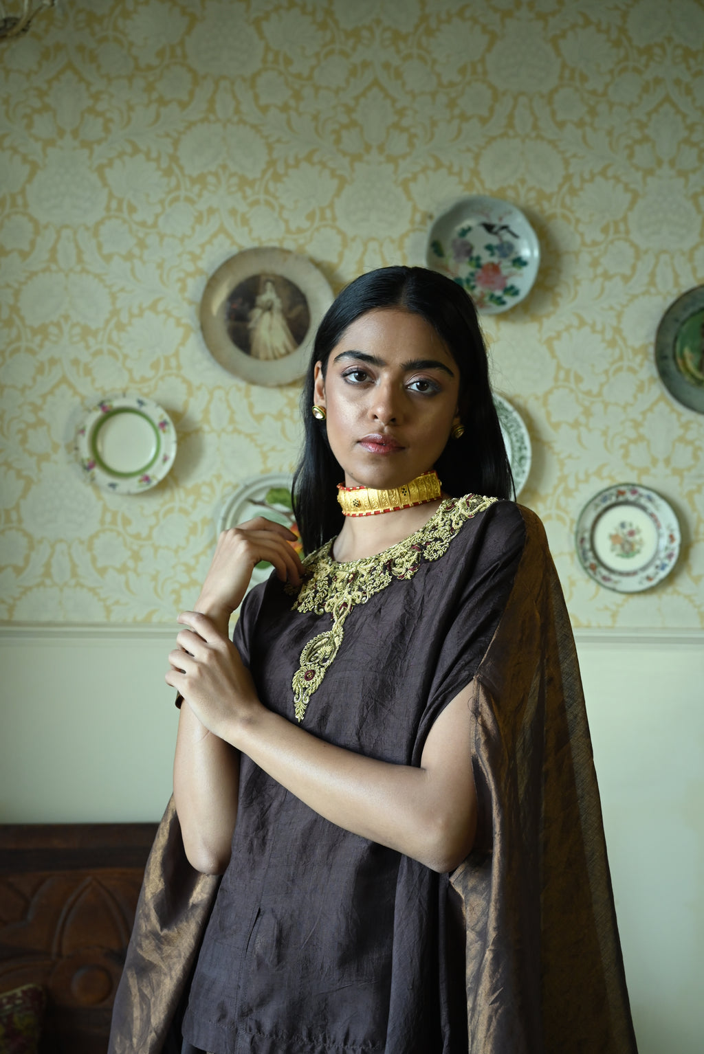 Roshni Lehenga in Brown Brocade Lehenga & Brown Maharani  Cape