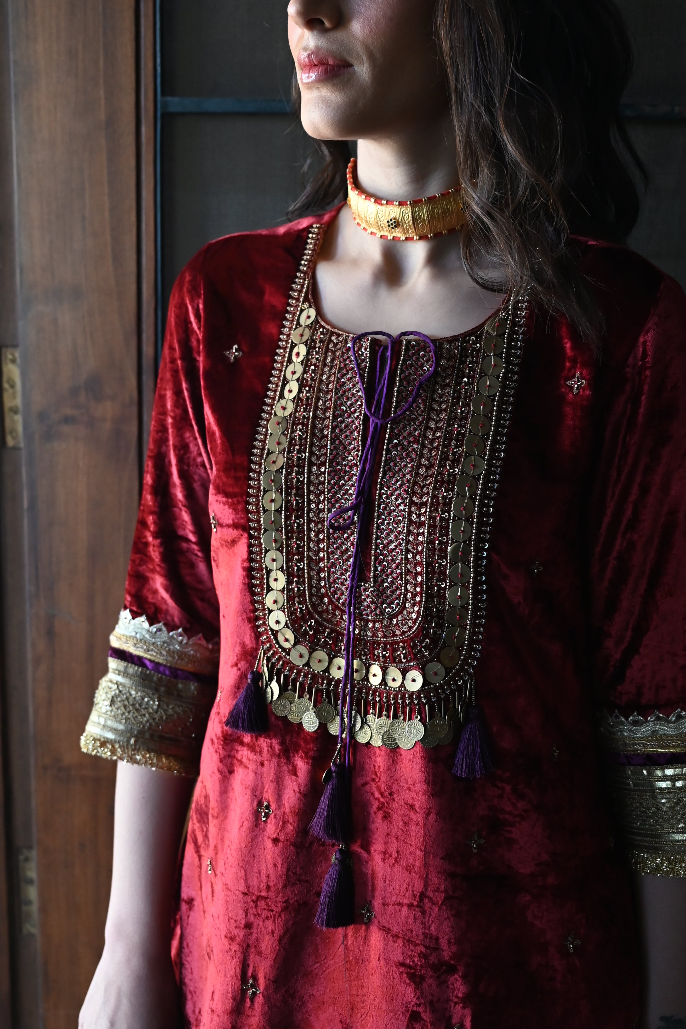 Amal Kurta in Red Velvet with ghee CC Garara