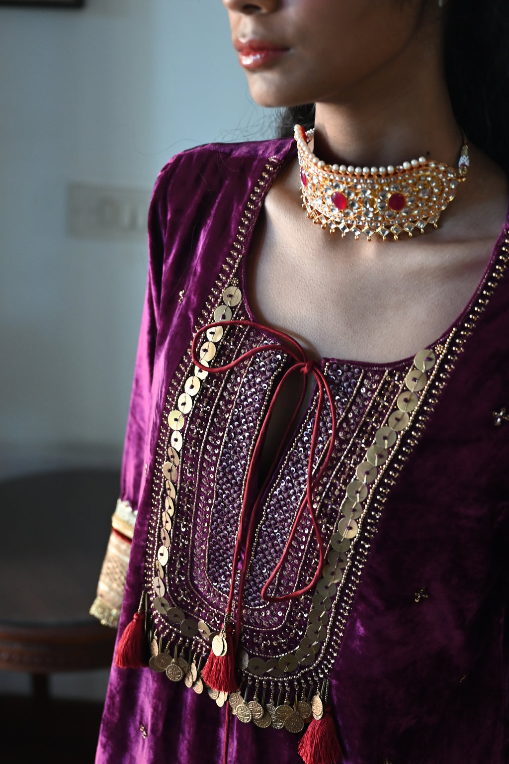 Amal Kurta in Purple Velvet with Gold Tissue Garara