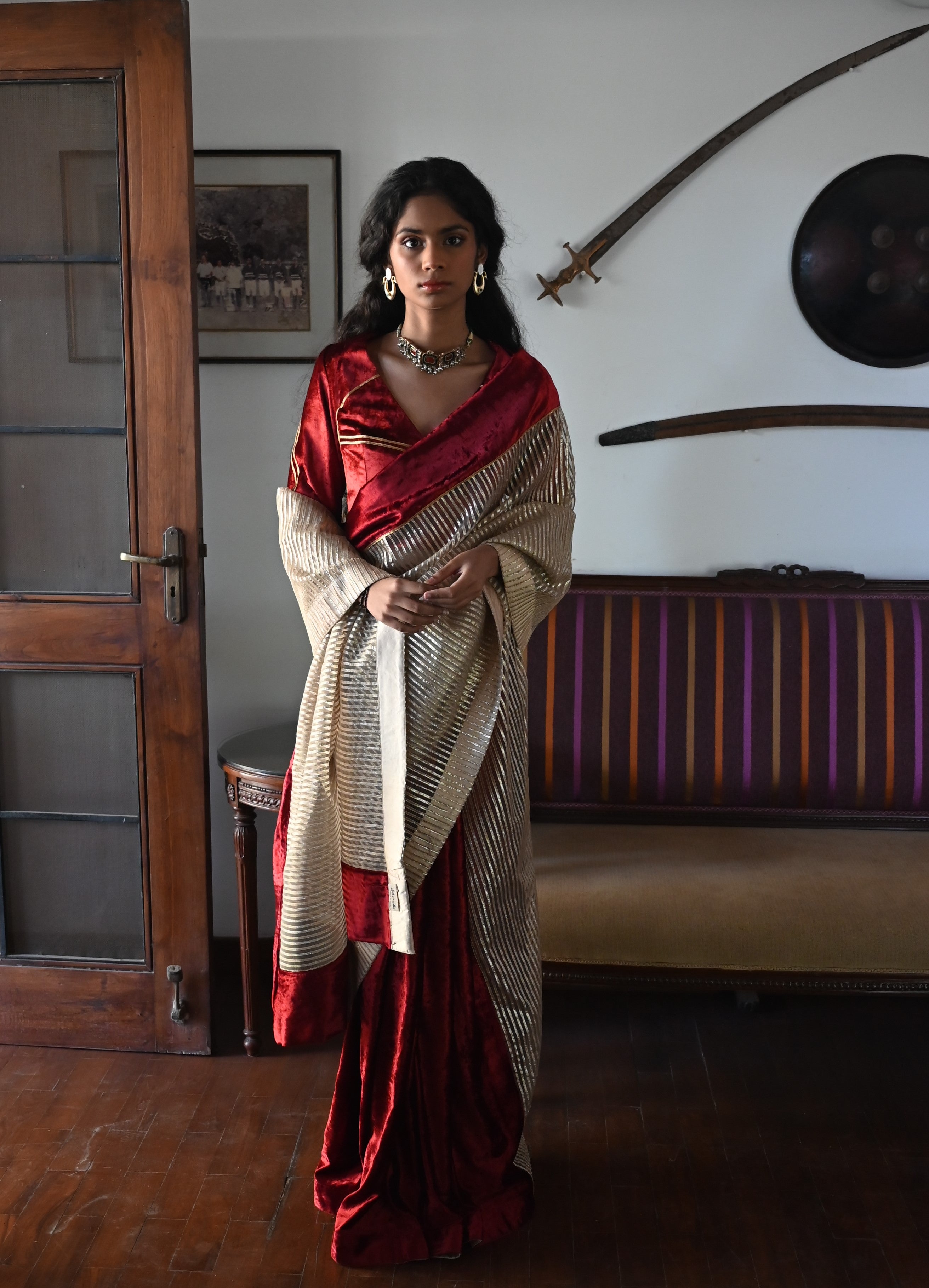 Chanda Saree in Beige CC Gota and Red Velvet