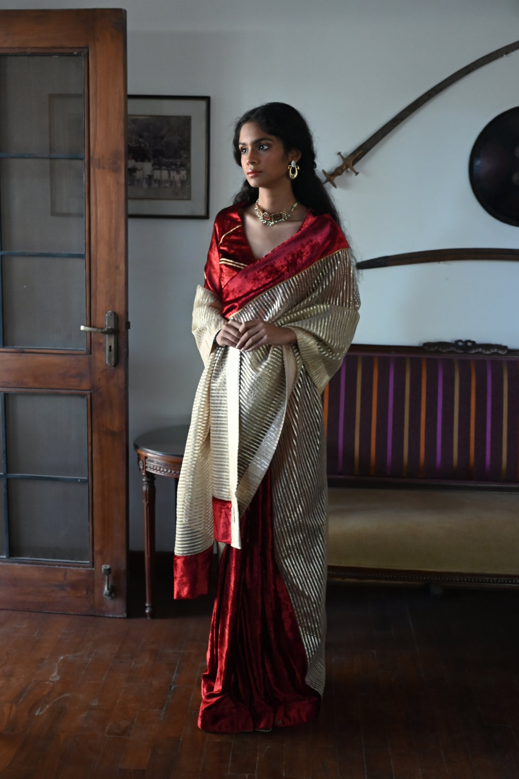 Chanda Saree in Beige CC Gota and Red Velvet