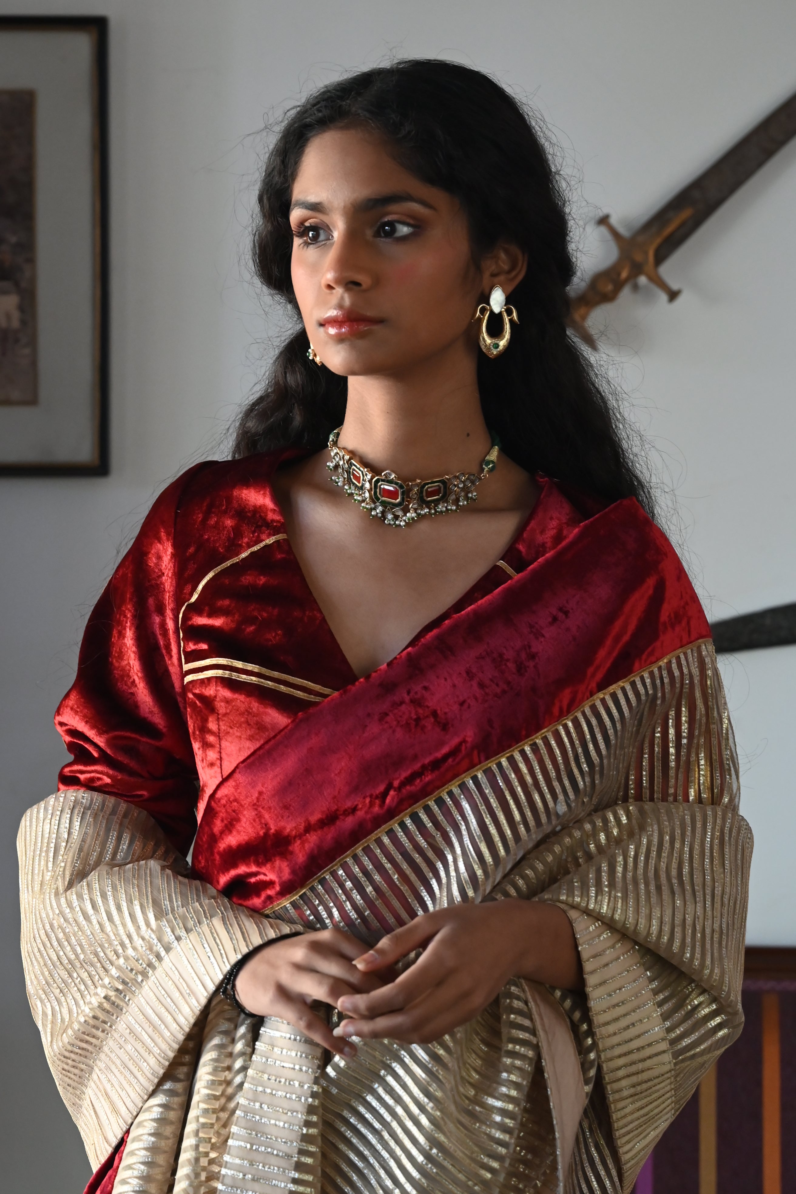 Chanda Saree in Beige CC Gota and Red Velvet