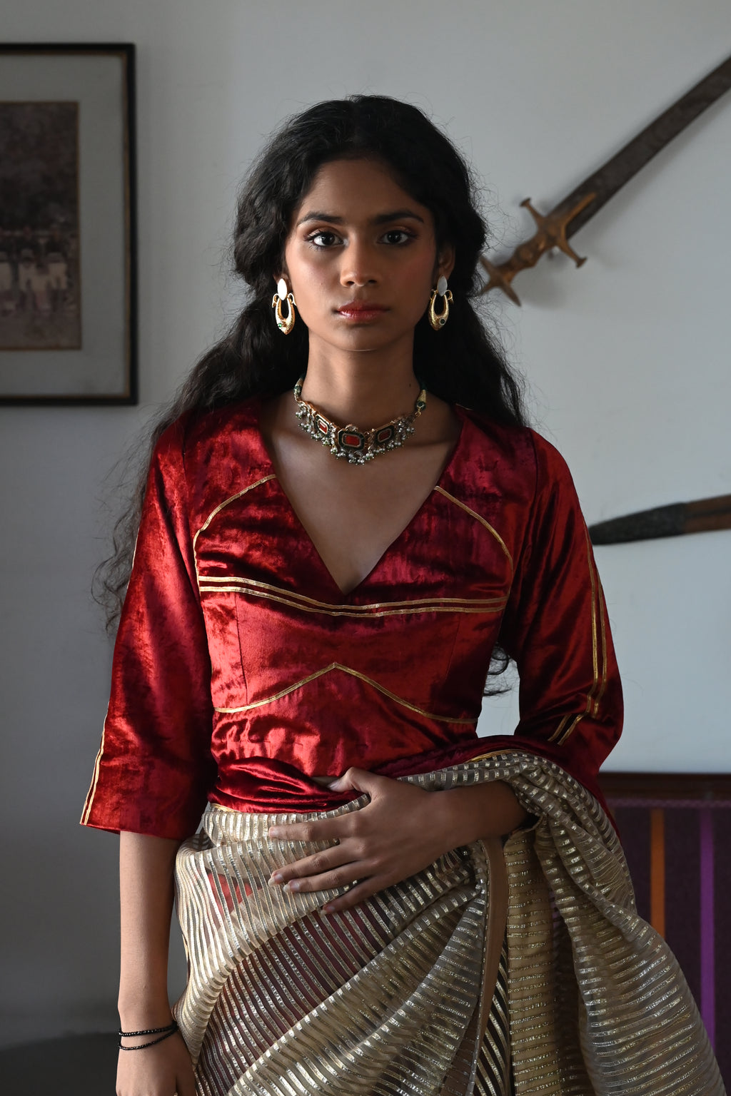 Chanda Saree in Beige CC Gota and Red Velvet