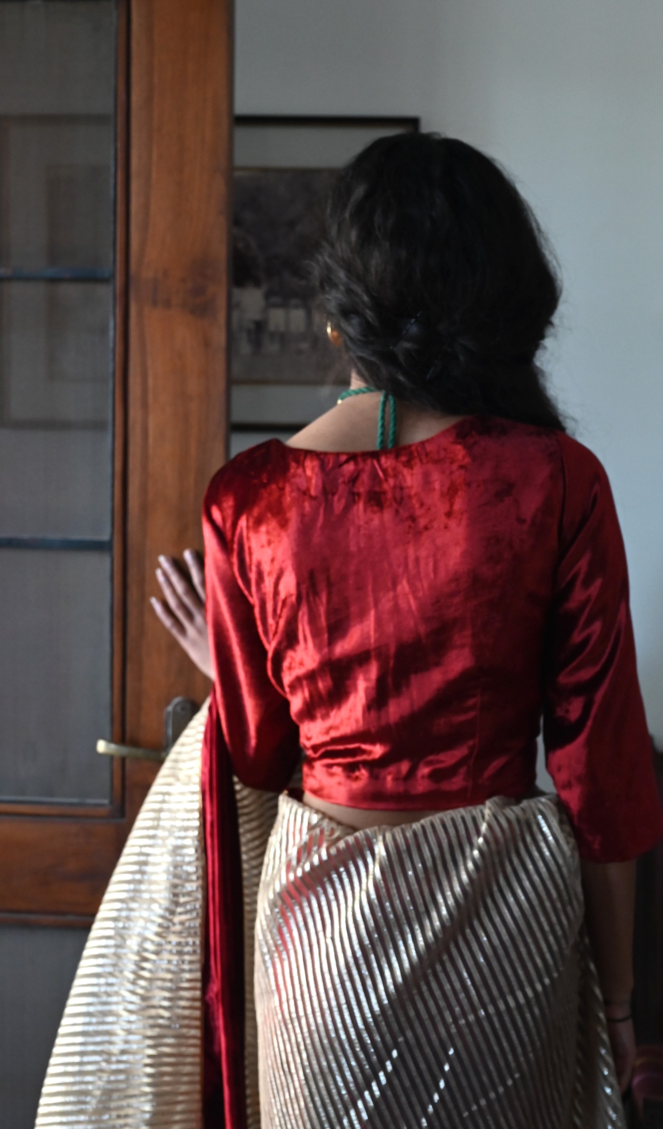 Chanda Saree in Beige CC Gota and Red Velvet