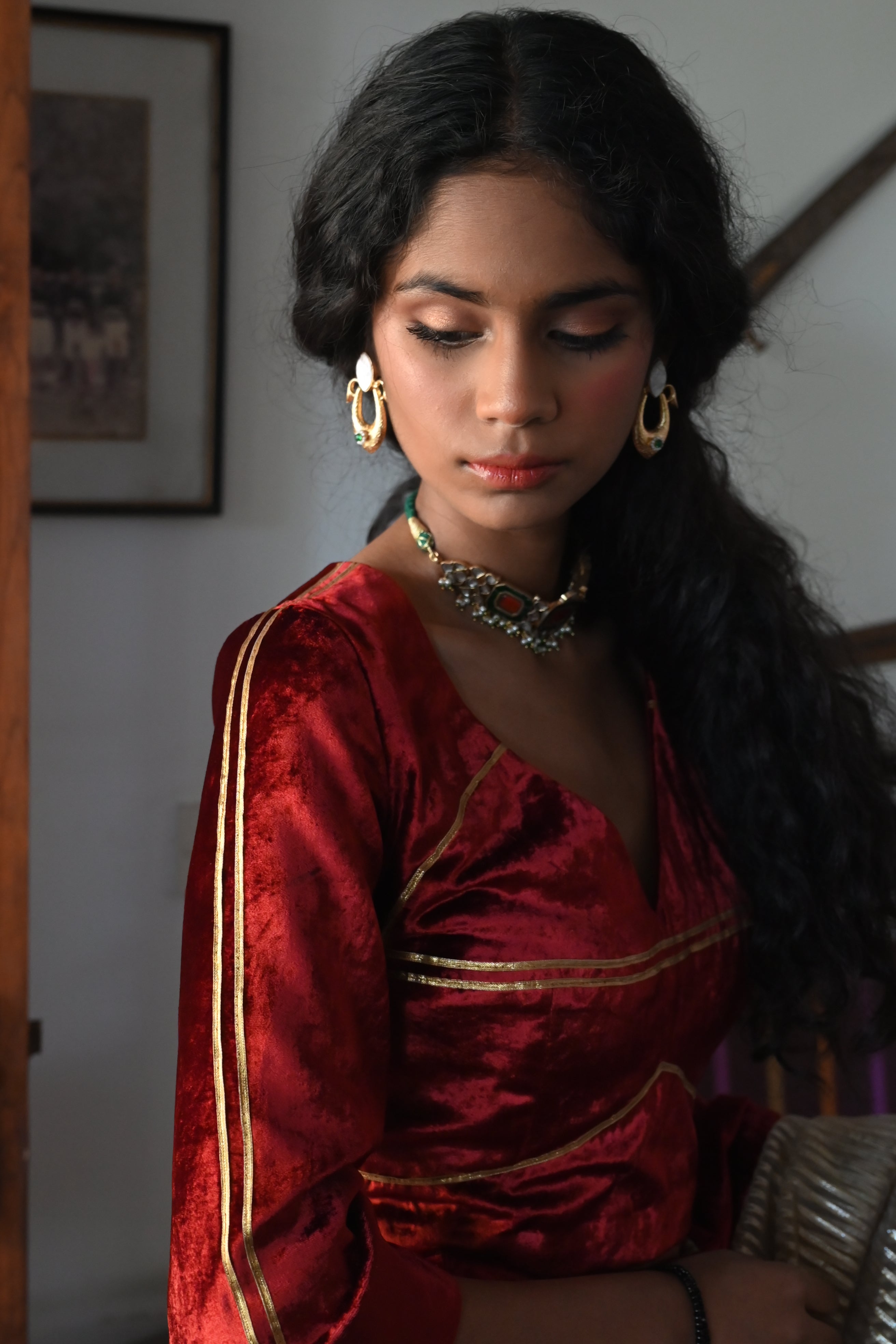 Chanda Saree in Beige CC Gota and Red Velvet