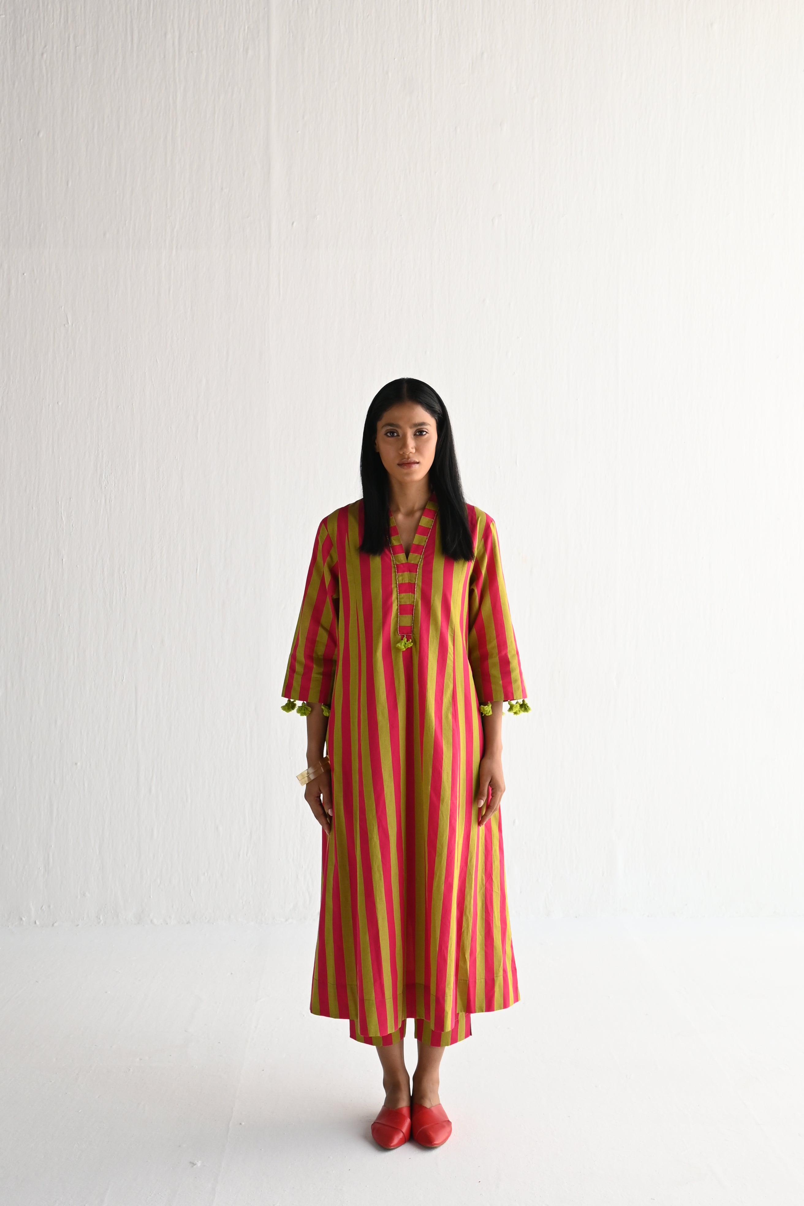 Sashiko in orange & Lime Green Stripes ( dress only)