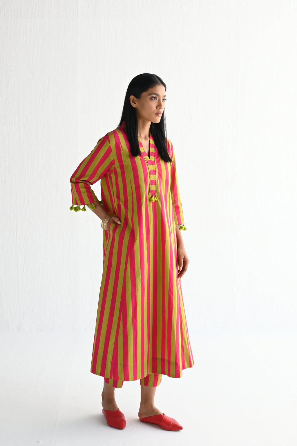 Sashiko in orange & Lime Green Stripes ( dress only)