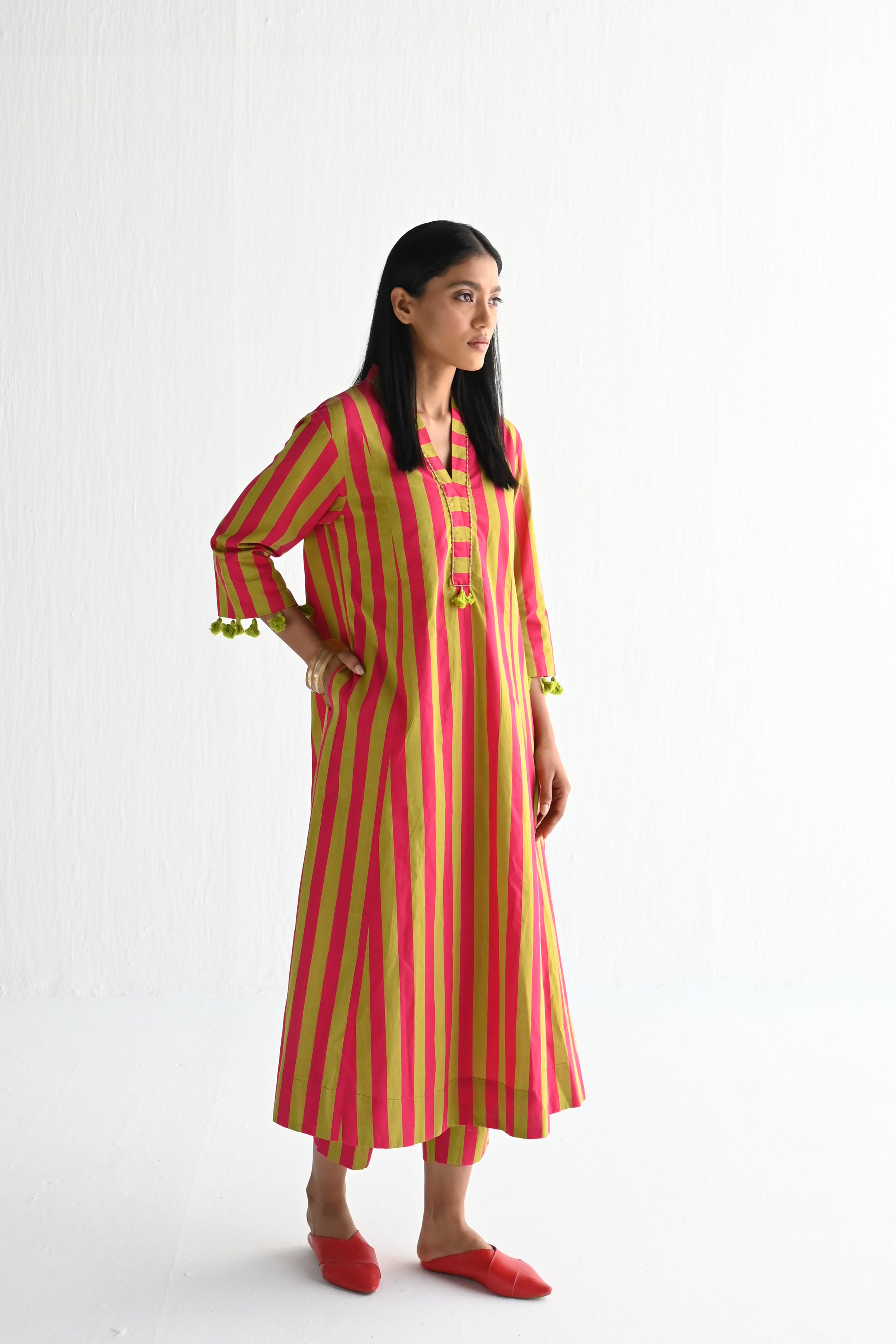 Sashiko in orange & Lime Green Stripes ( dress only)