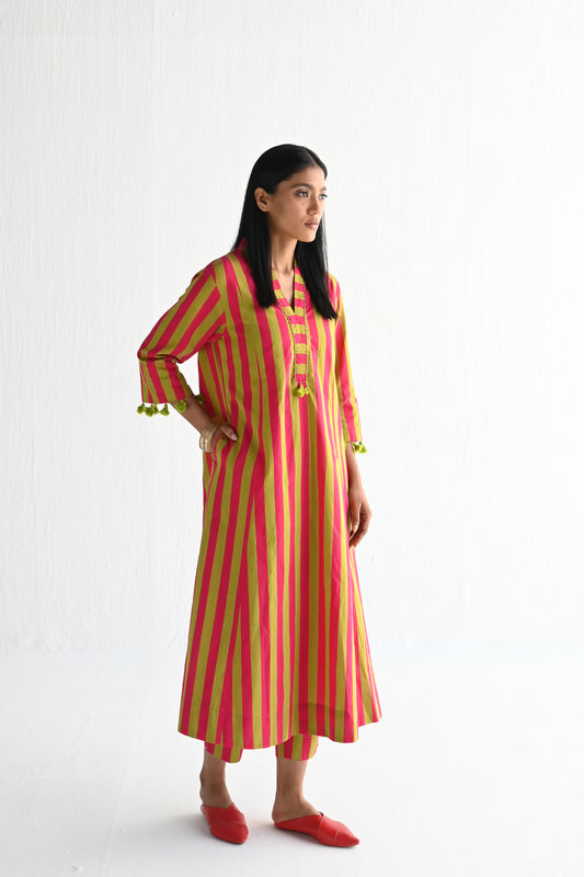 Sashiko in orange & Lime Green Stripes ( dress only)