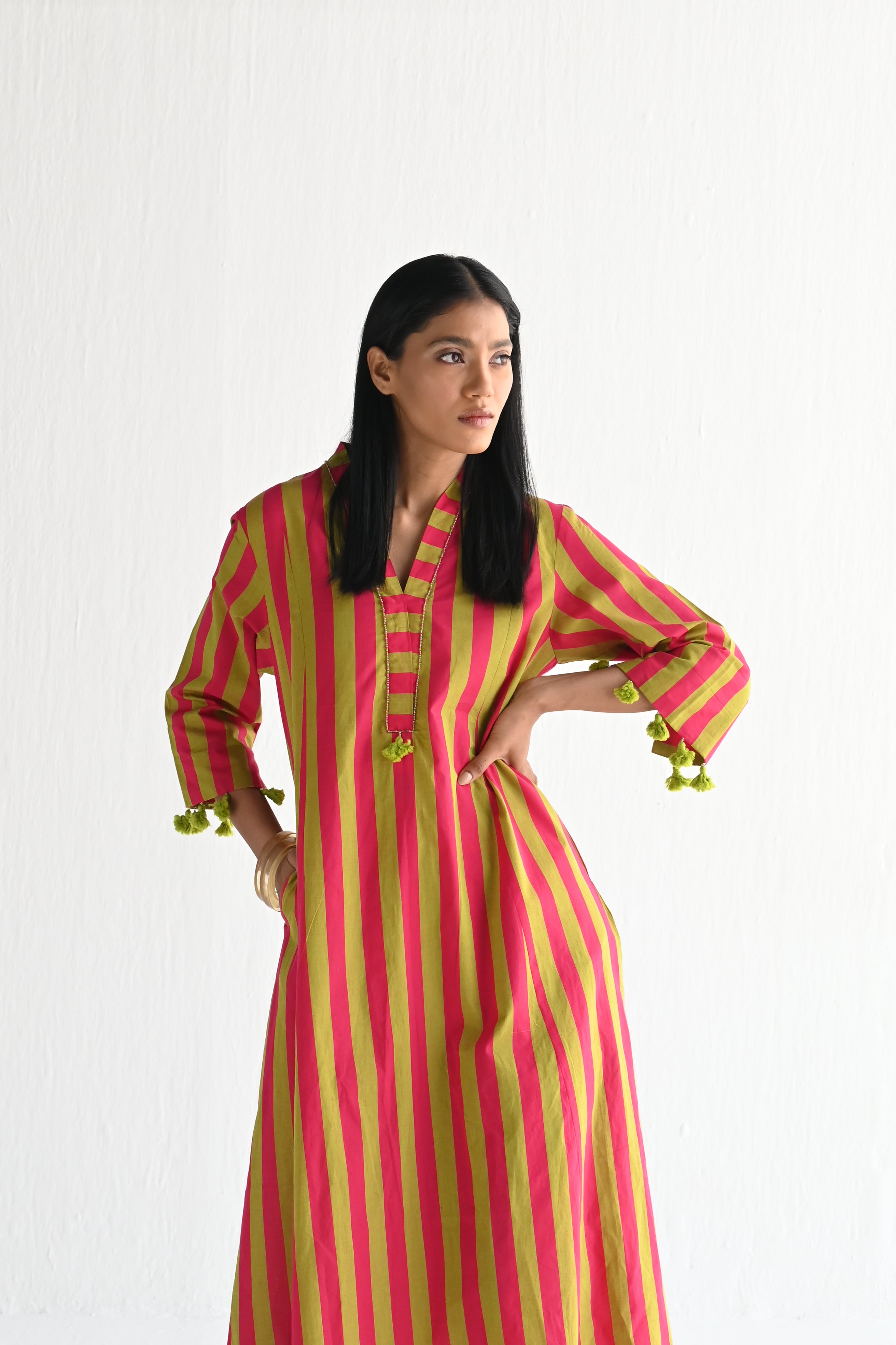 Sashiko in orange & Lime Green Stripes ( dress only)