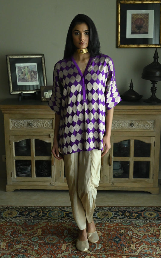Shahi Kaftan in Bright Purple Brocade with Chai Beige Nandini Dhoti