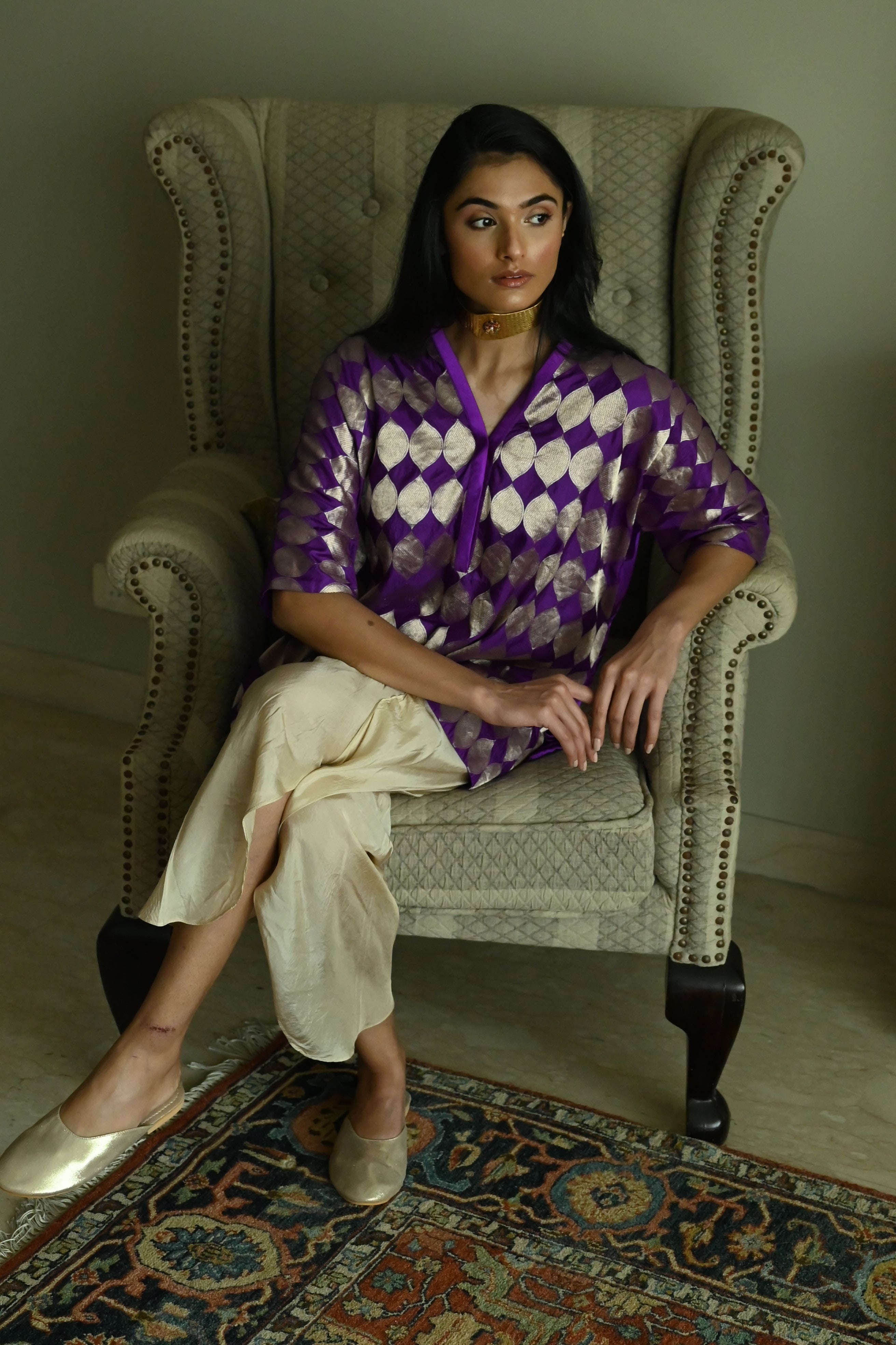 Shahi Kaftan in Bright Purple Brocade with Chai Beige Nandini Dhoti