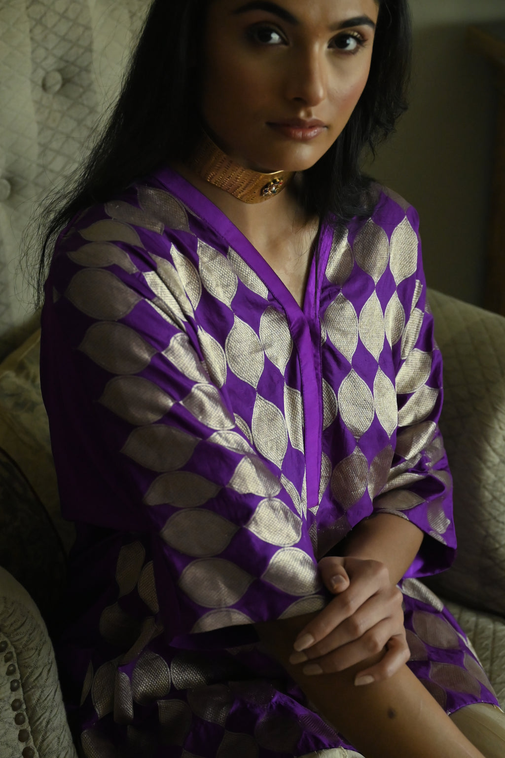 Shahi Kaftan in Bright Purple Brocade with Chai Beige Nandini Dhoti