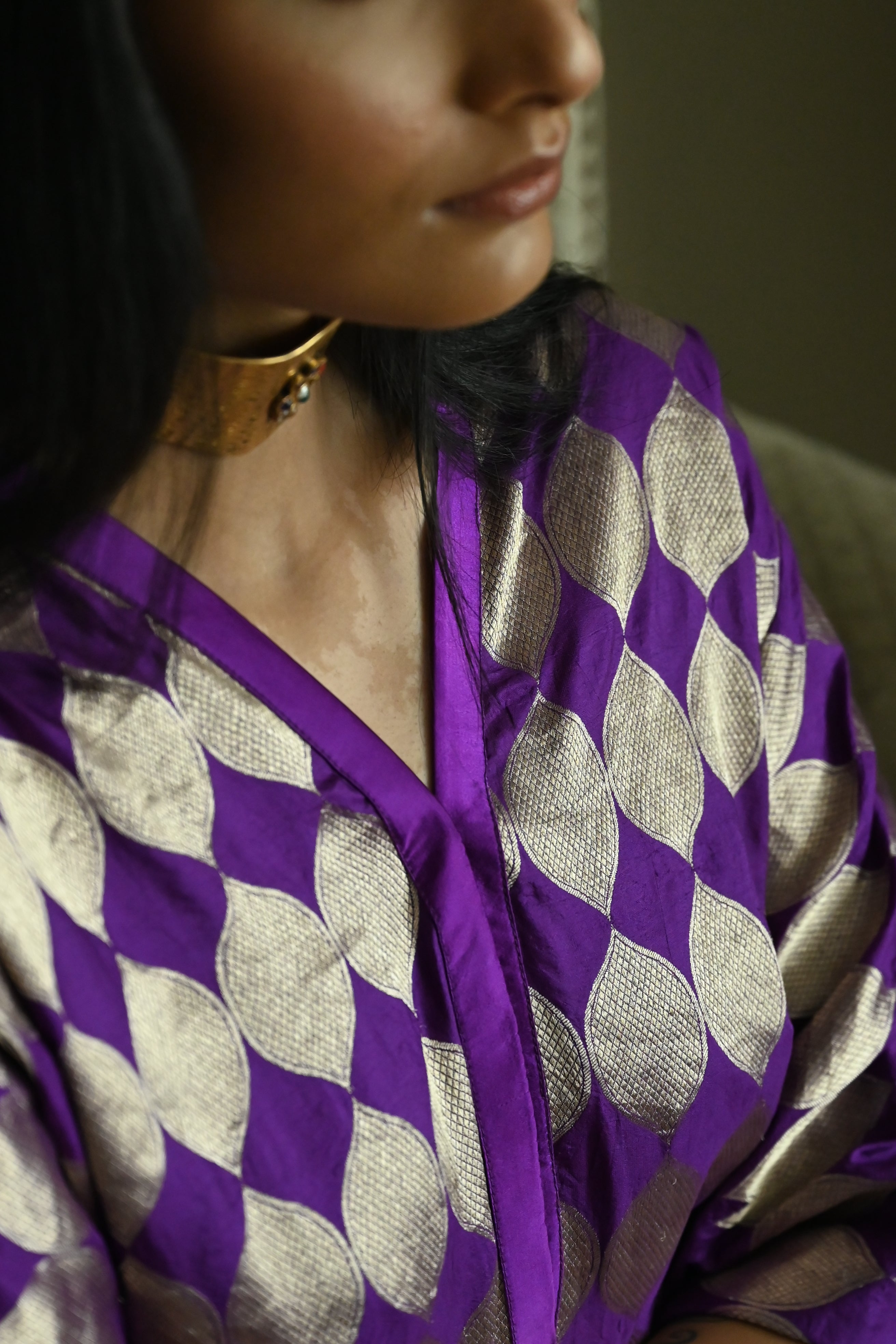 Shahi Kaftan in Bright Purple Brocade with Chai Beige Nandini Dhoti