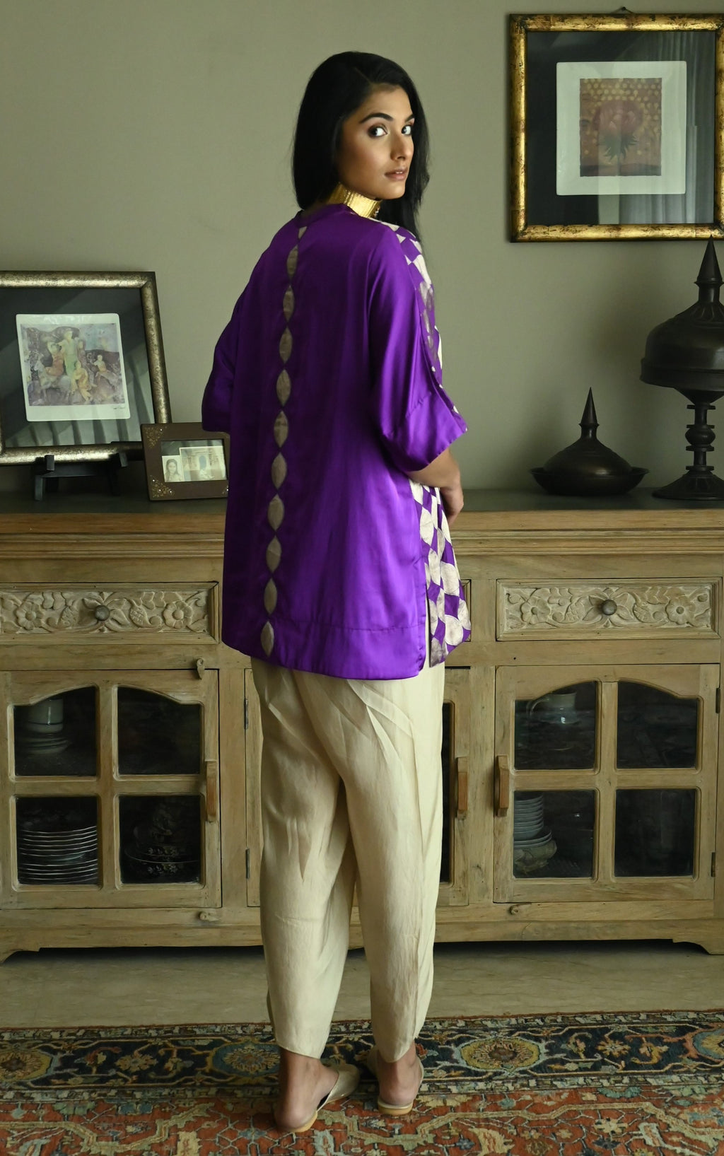Shahi Kaftan in Bright Purple Brocade with Chai Beige Nandini Dhoti