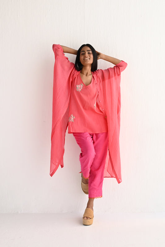 Slit Shirt in Sorbet Pink Mul Chanderi with Slip & Pant