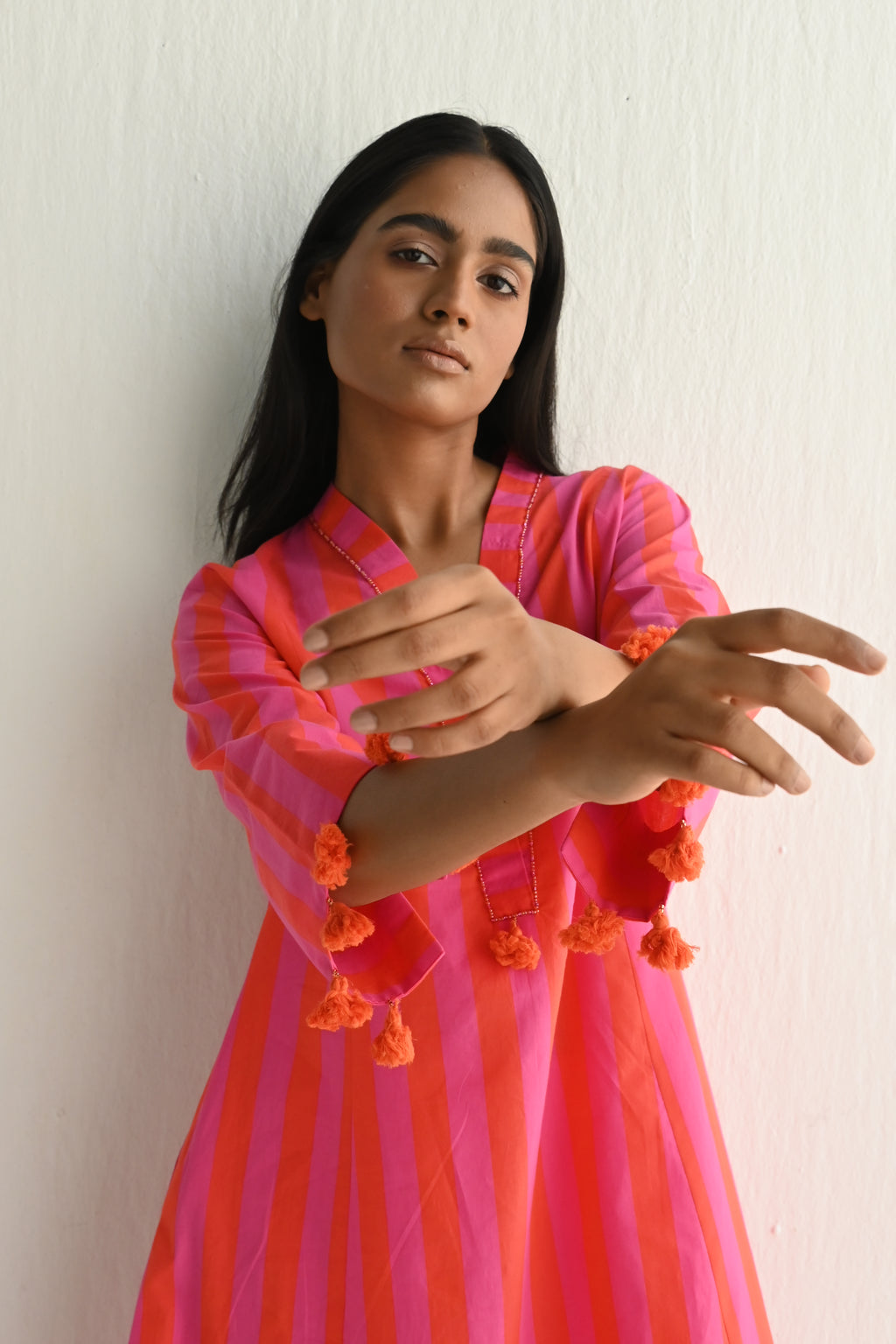 Anarkali in Hot Pink & Orange Stripes ( dress only)