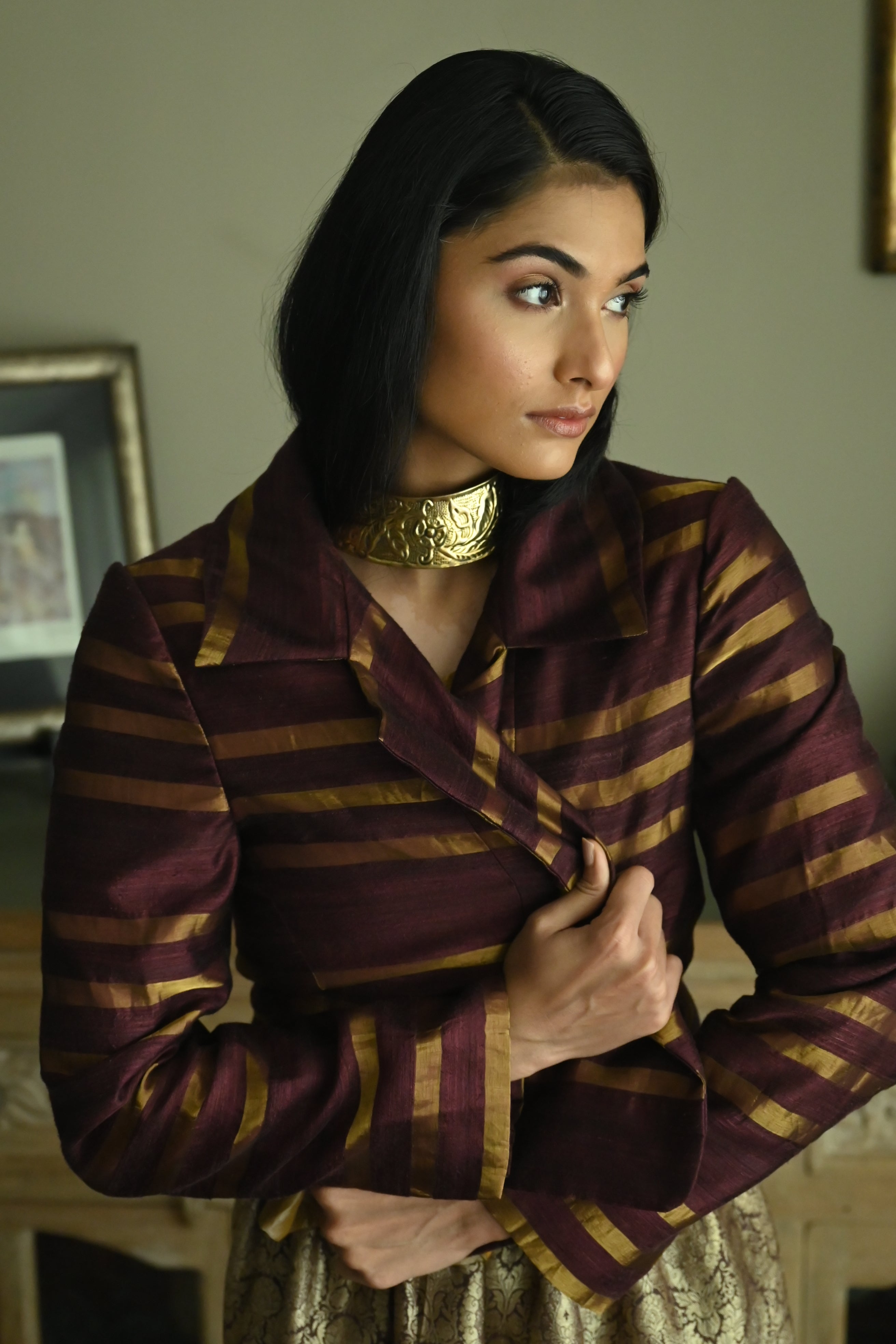 Bomber Jacket in Plum Zari Silk