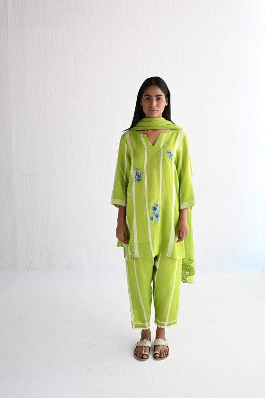 Saifi Kurta in Lime Green Silk Stripes with Salwar