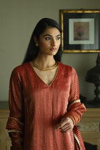 Anu Kurta in Red Stripes Handloom Tissue with Pant