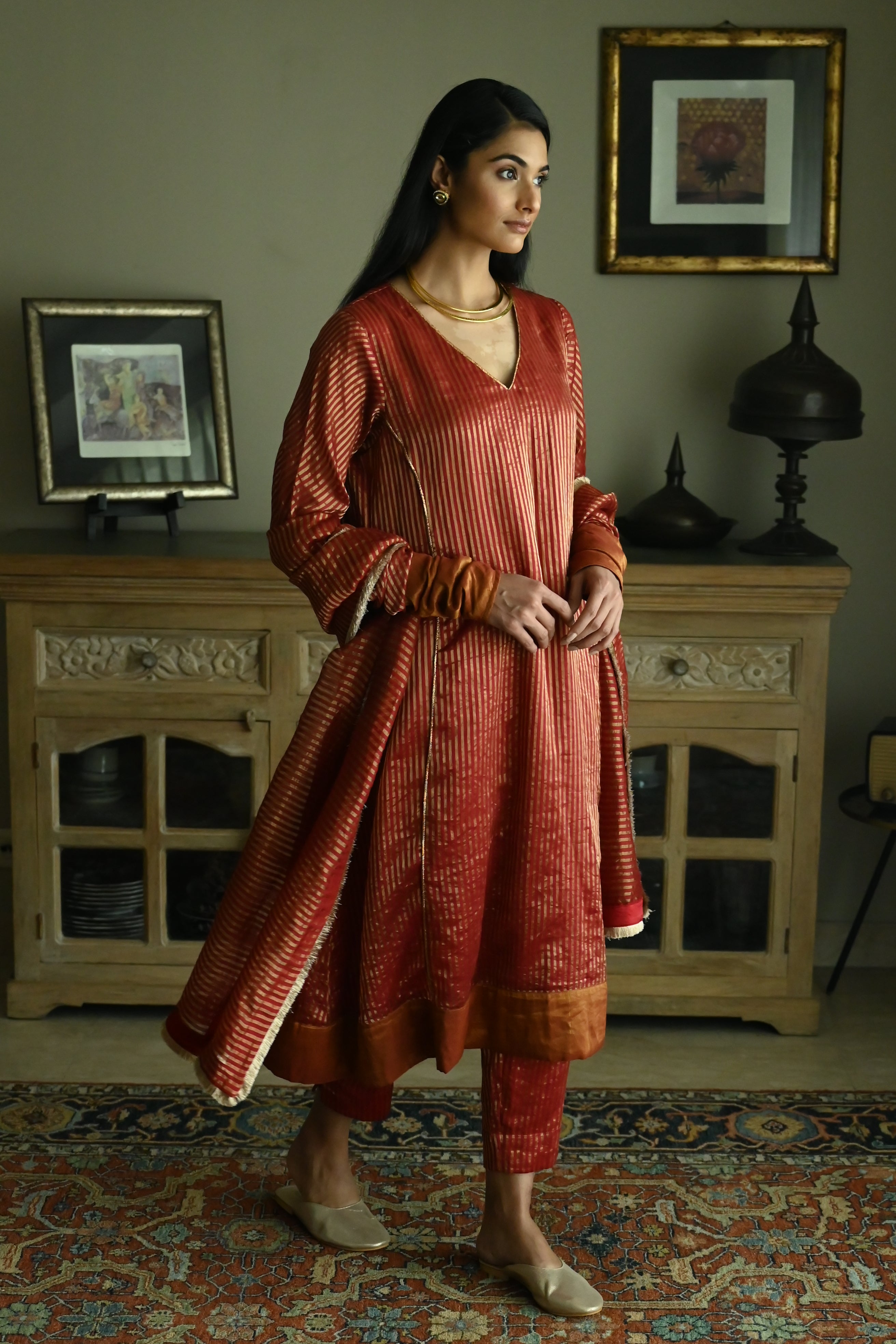 Anu Kurta in Red Stripes Handloom Tissue with Pant