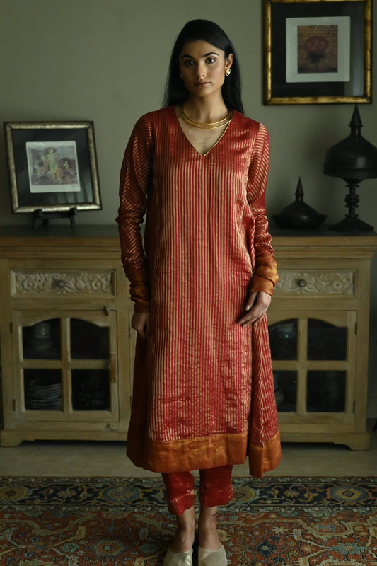 Anu Kurta in Red Stripes Handloom Tissue with Pant