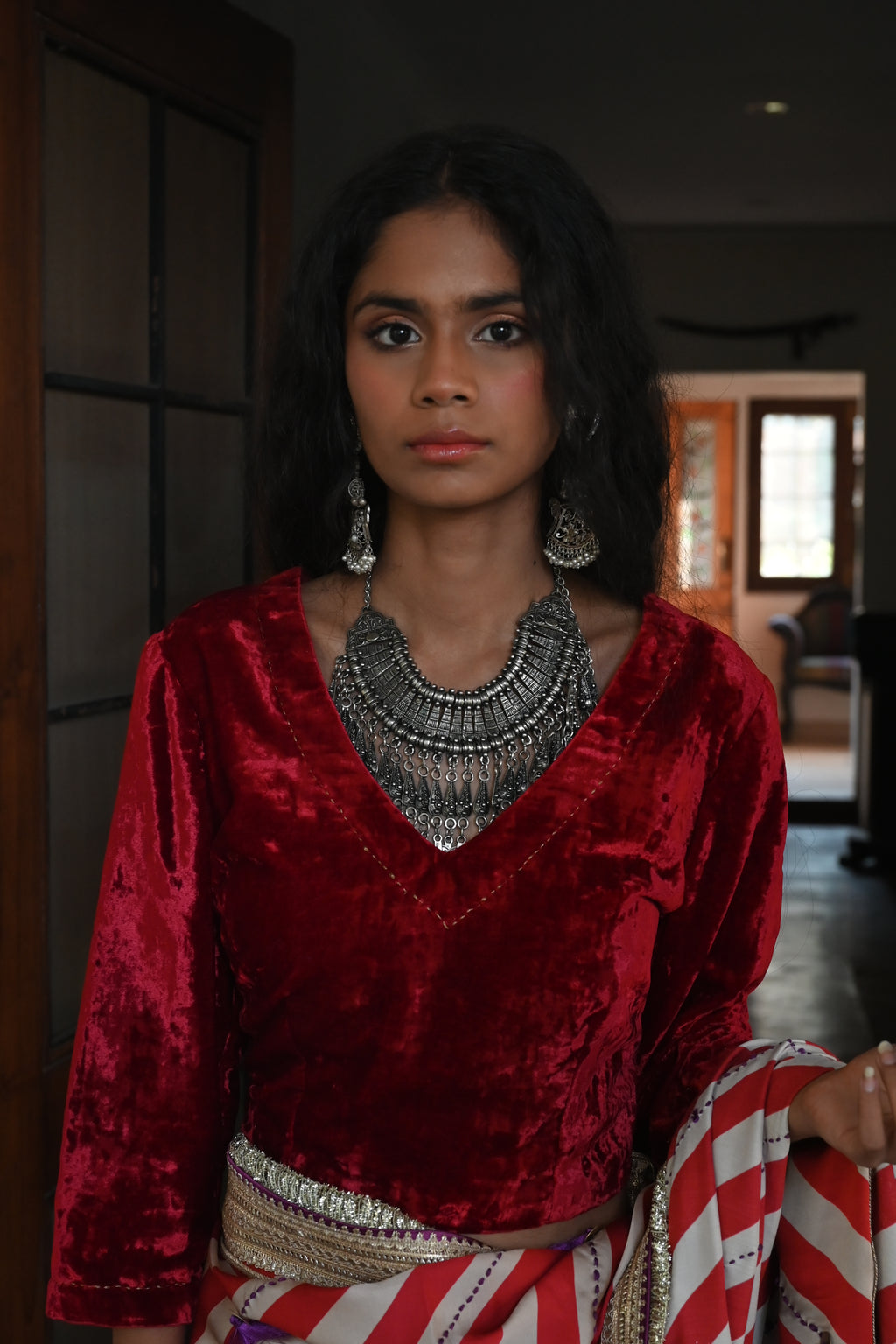 Mumtaz Saree in Red Stripes Satin Silk