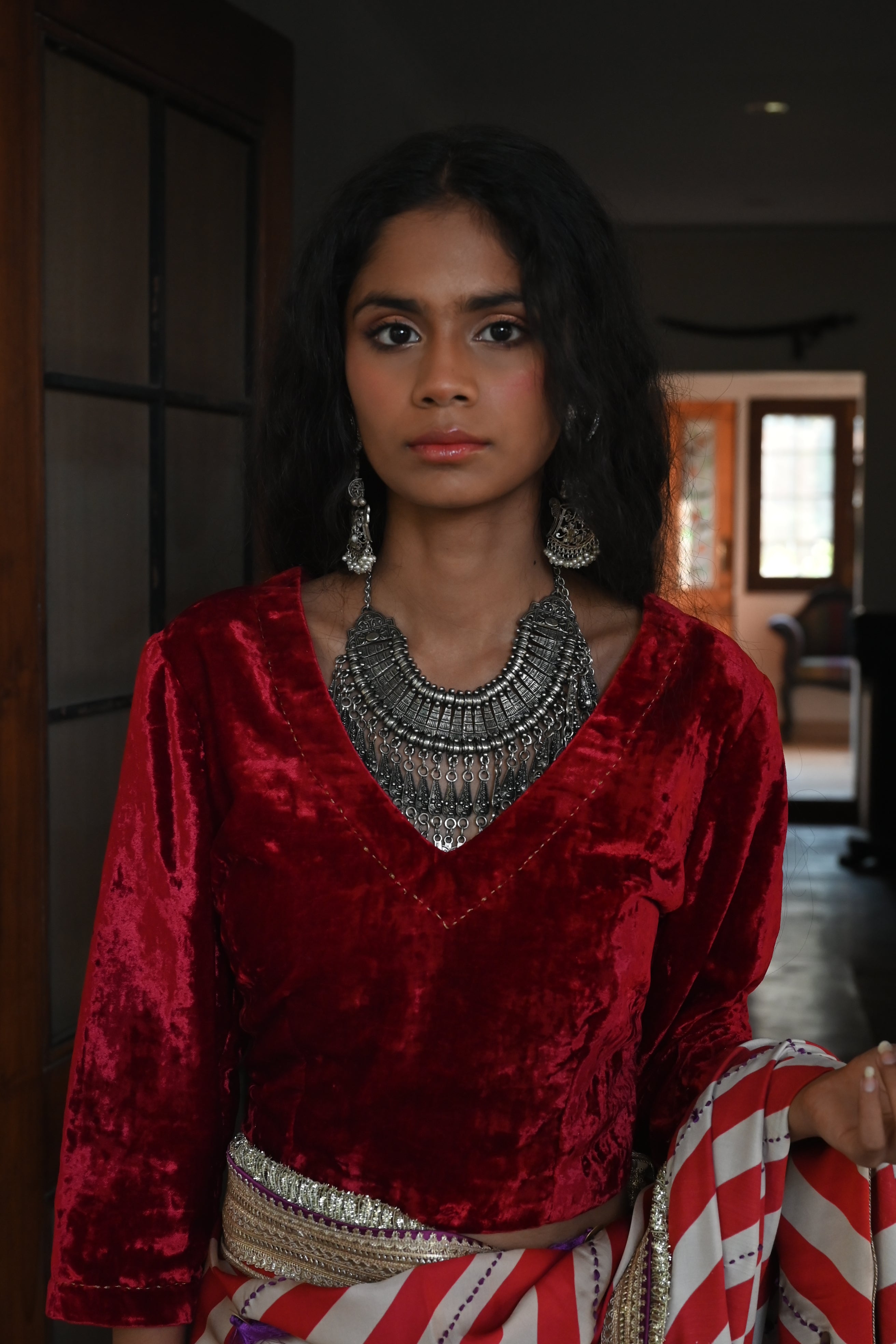 Mumtaz Saree in Red Stripes Satin Silk