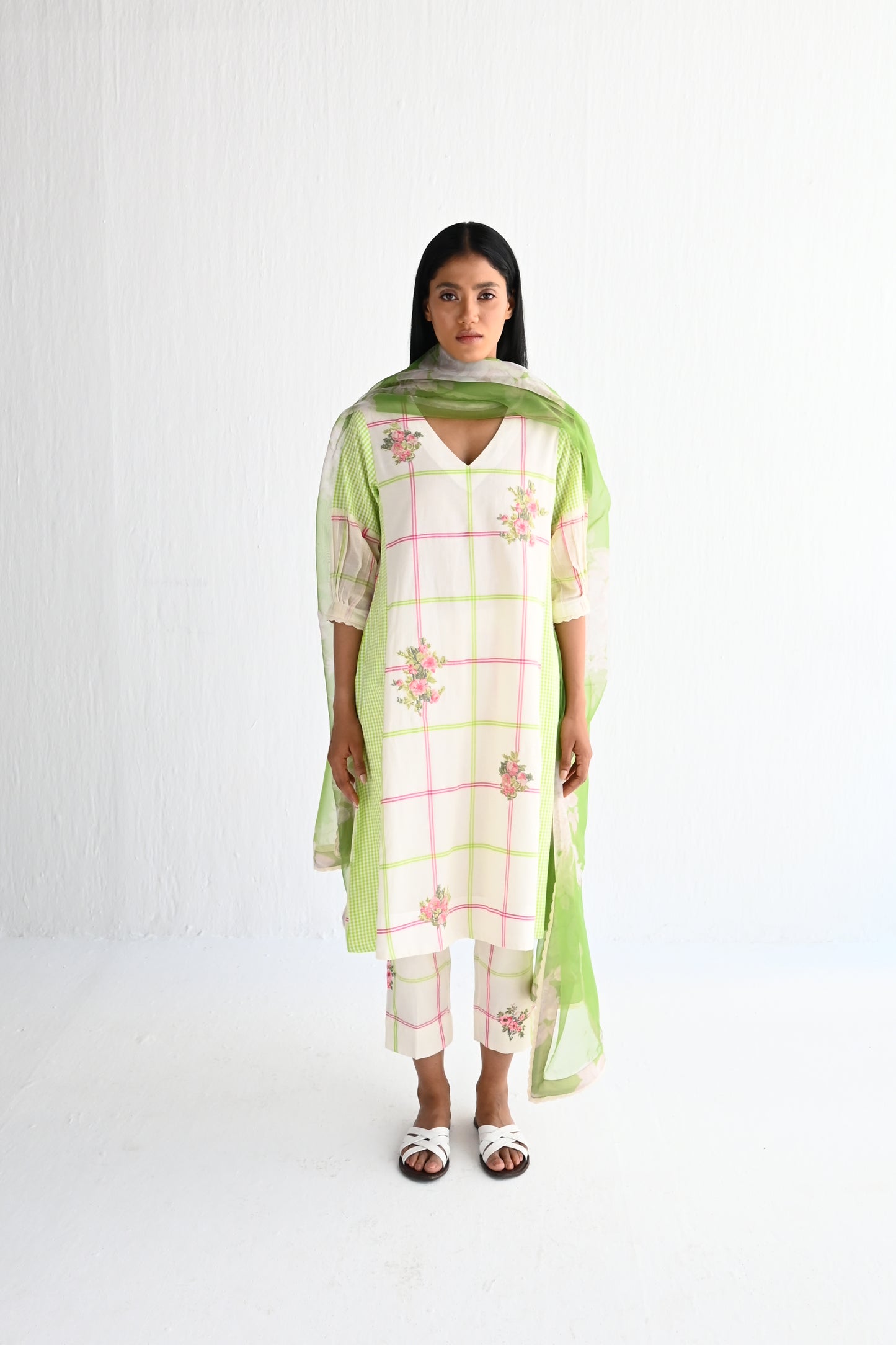 Dupatta in Green Flower Print Organza