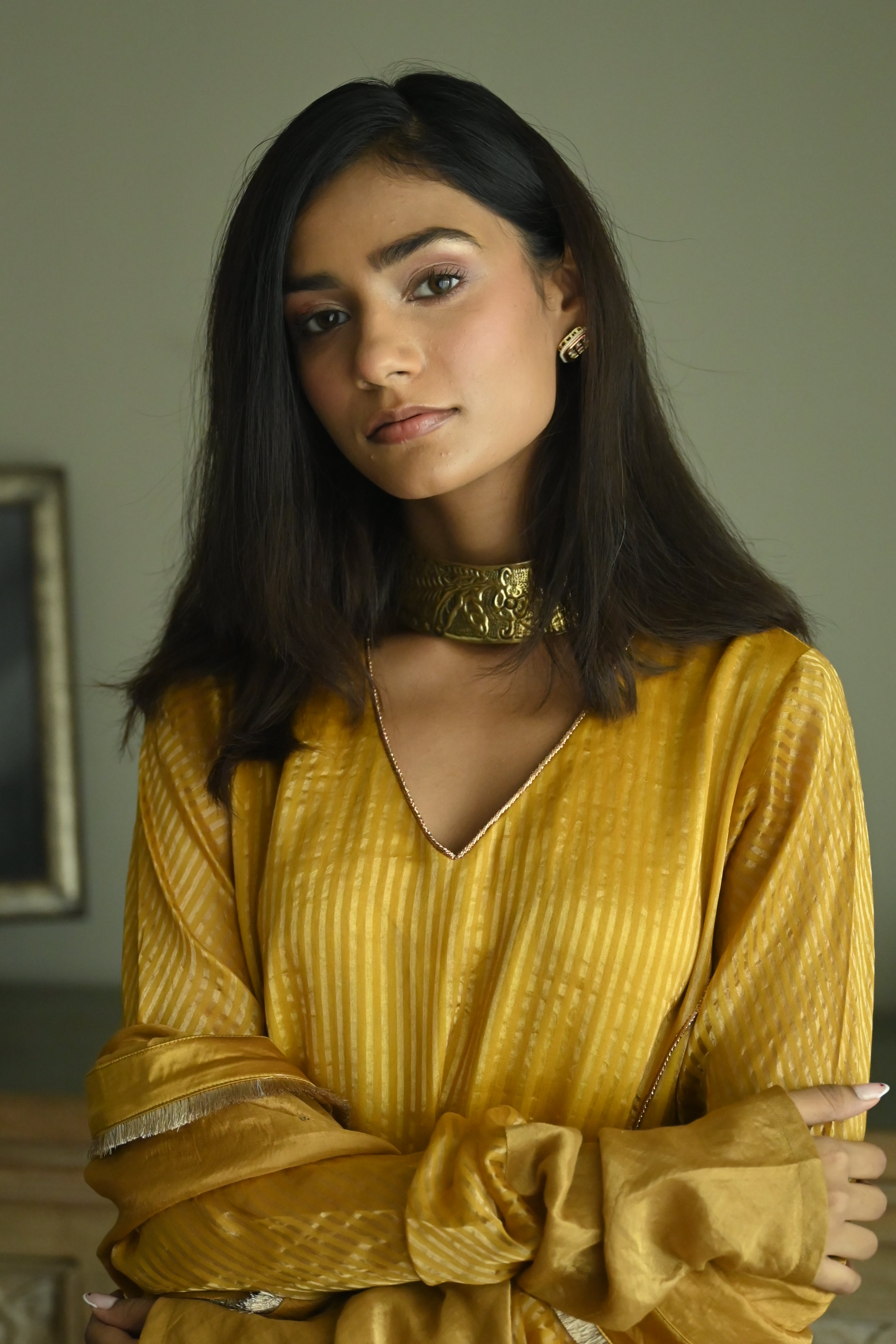 Anu Kurta in Ochre Stripes Handloom Tissue with Pant