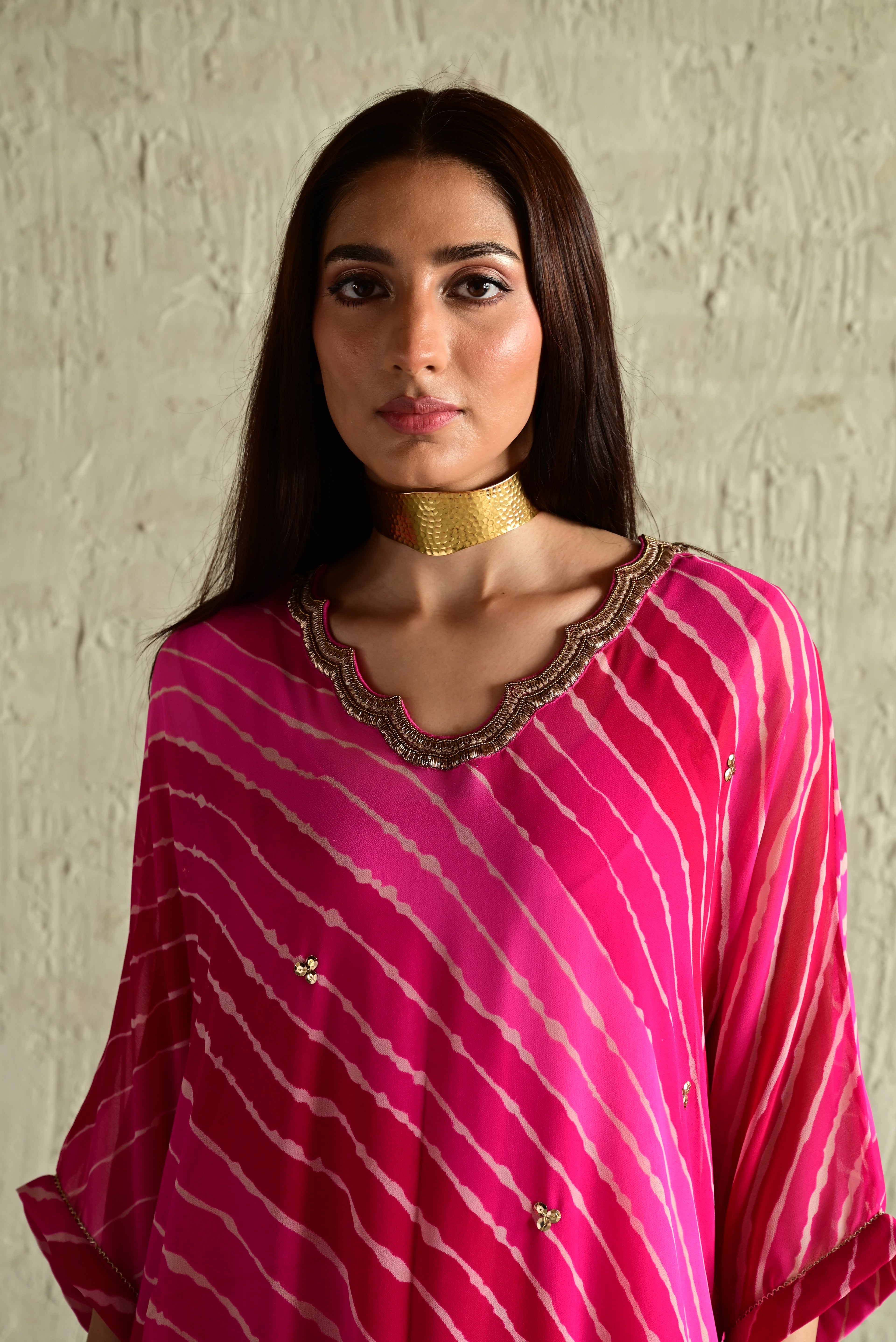 Urmila Kaftan in Pink Leheriya Georgette with Pink Flared Pant