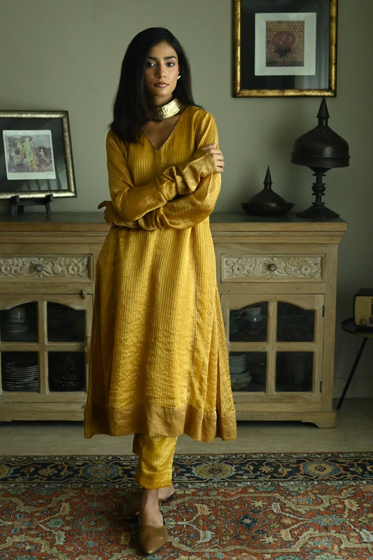 Anu Kurta in Ochre Stripes Handloom Tissue with Pant