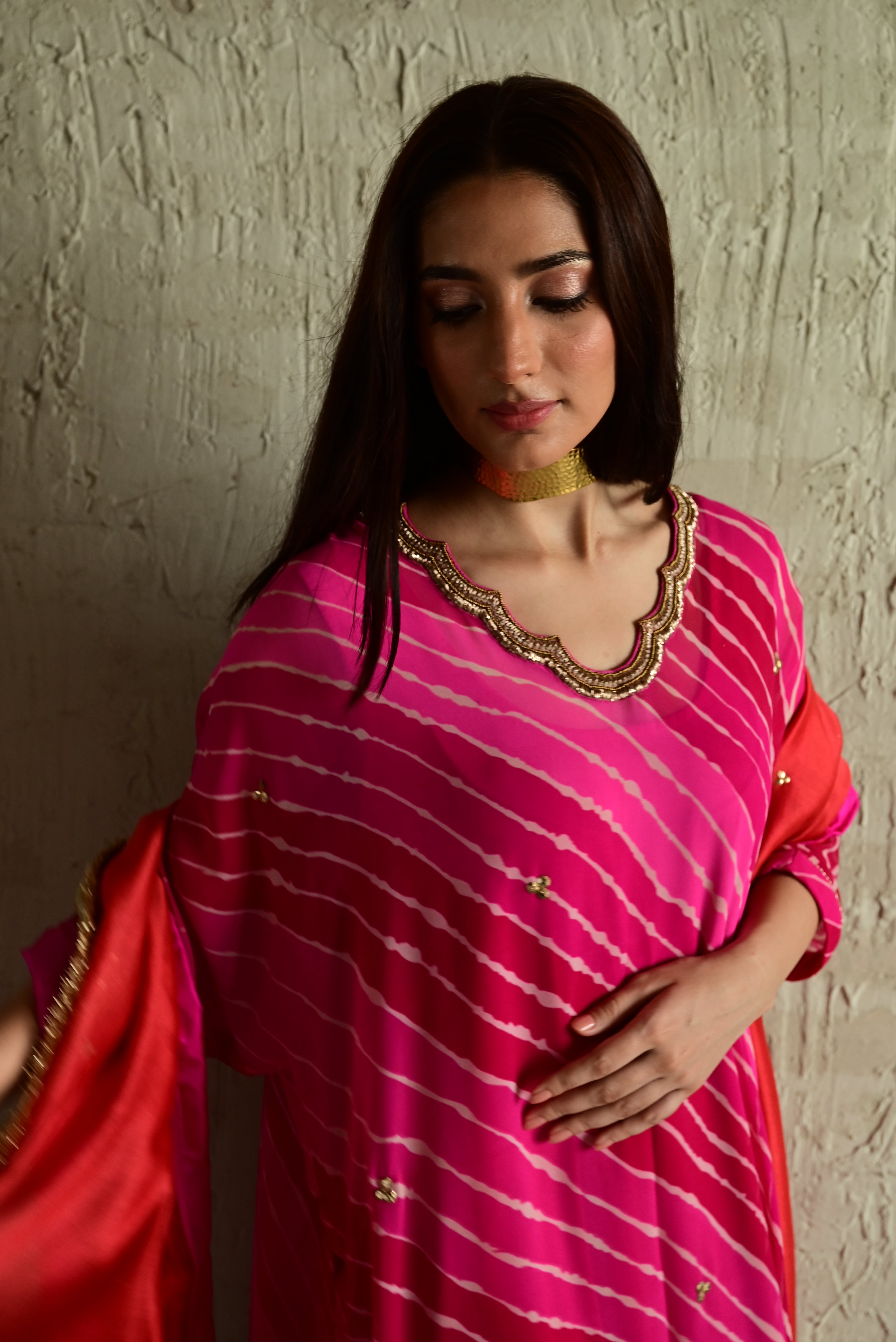 Urmila Kaftan in Pink Leheriya Georgette with Pink Flared Pant