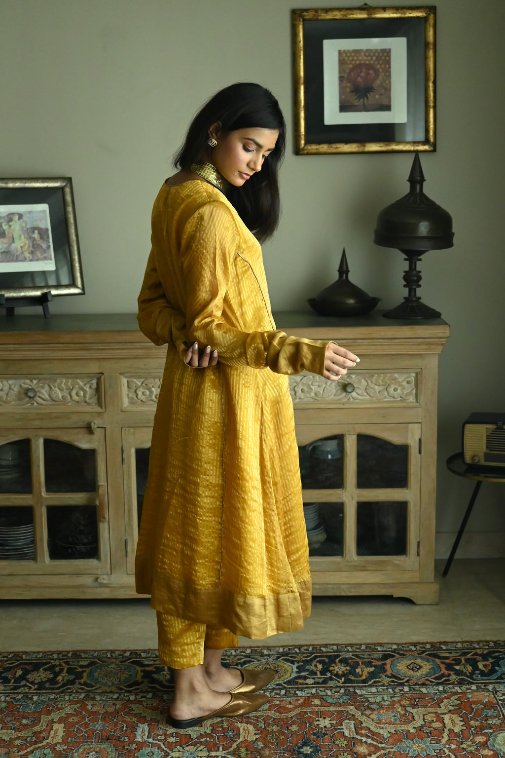 Anu Kurta in Ochre Stripes Handloom Tissue with Pant