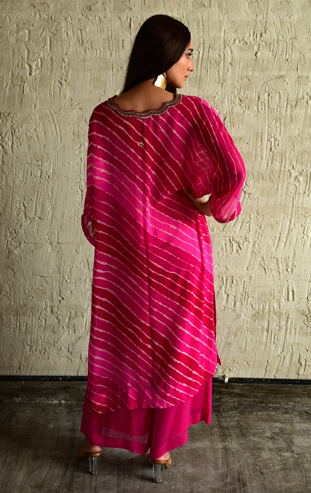 Urmila Kaftan in Pink Leheriya Georgette with Pink Flared Pant