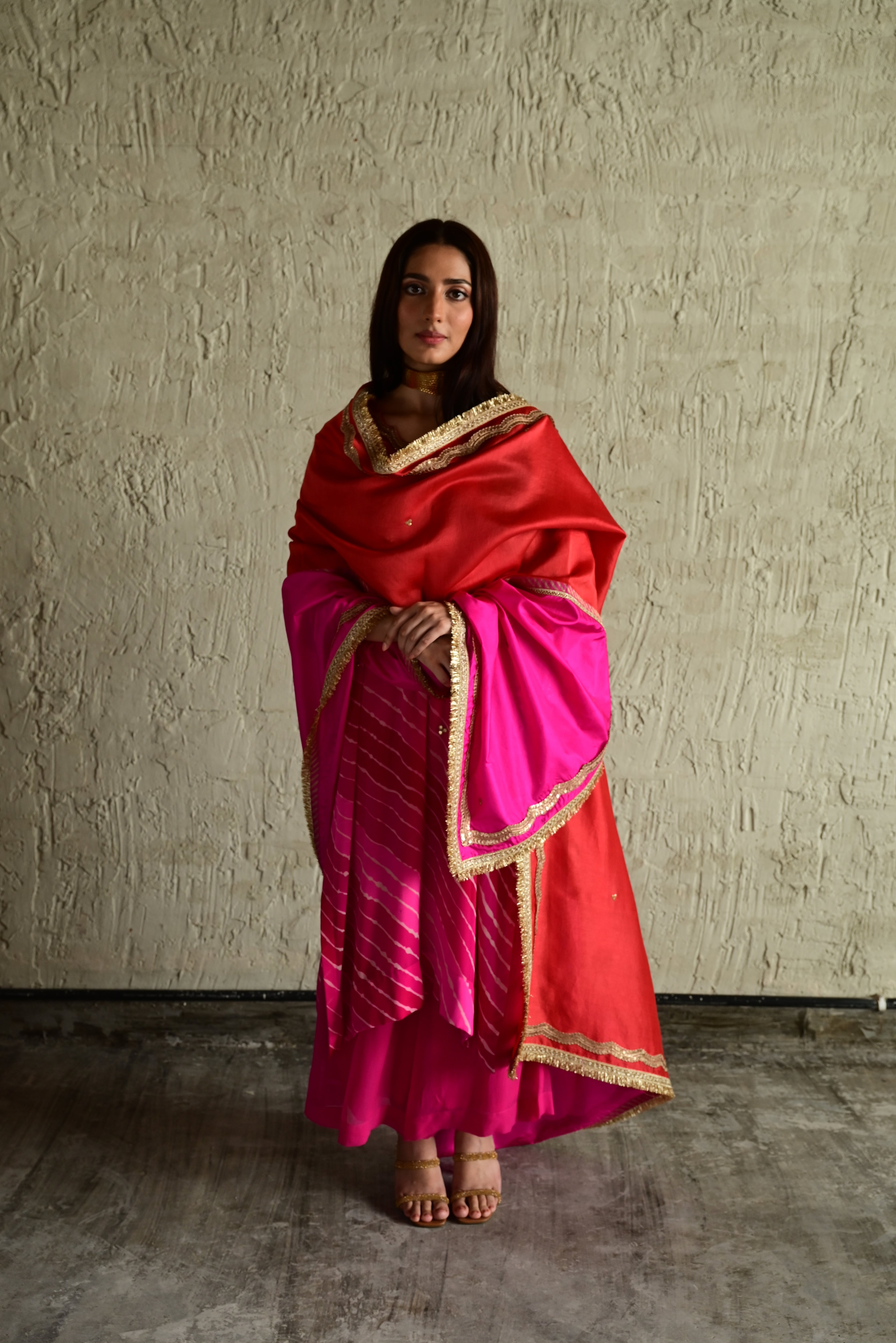 Aadha Aadha Dupatta in rani Pink and orange Silk
