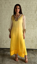 Ghevar Waahida Kaftan in Yellow Ombre Organza with Satin Silk Slip with Yellow Silk Pant