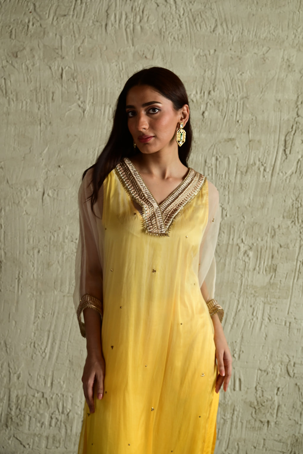 Ghevar Waahida Kaftan in Yellow Ombre Organza with Satin Silk Slip with Yellow Silk Pant