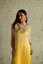Ghevar Waahida Kaftan in Yellow Ombre Organza with Satin Silk Slip with Yellow Silk Pant