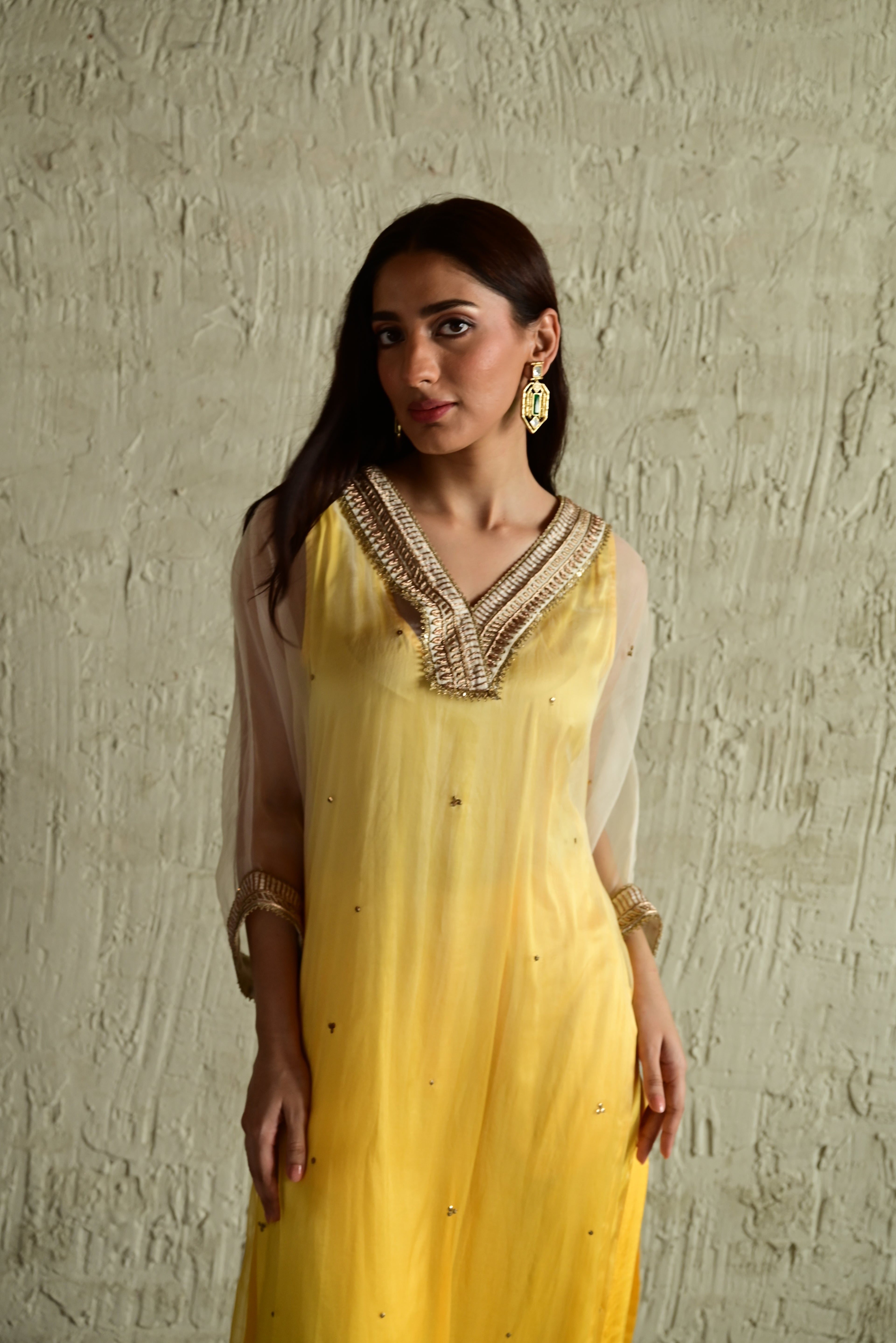 Ghevar Waahida Kaftan in Yellow Ombre Organza with Satin Silk Slip with Yellow Silk Pant