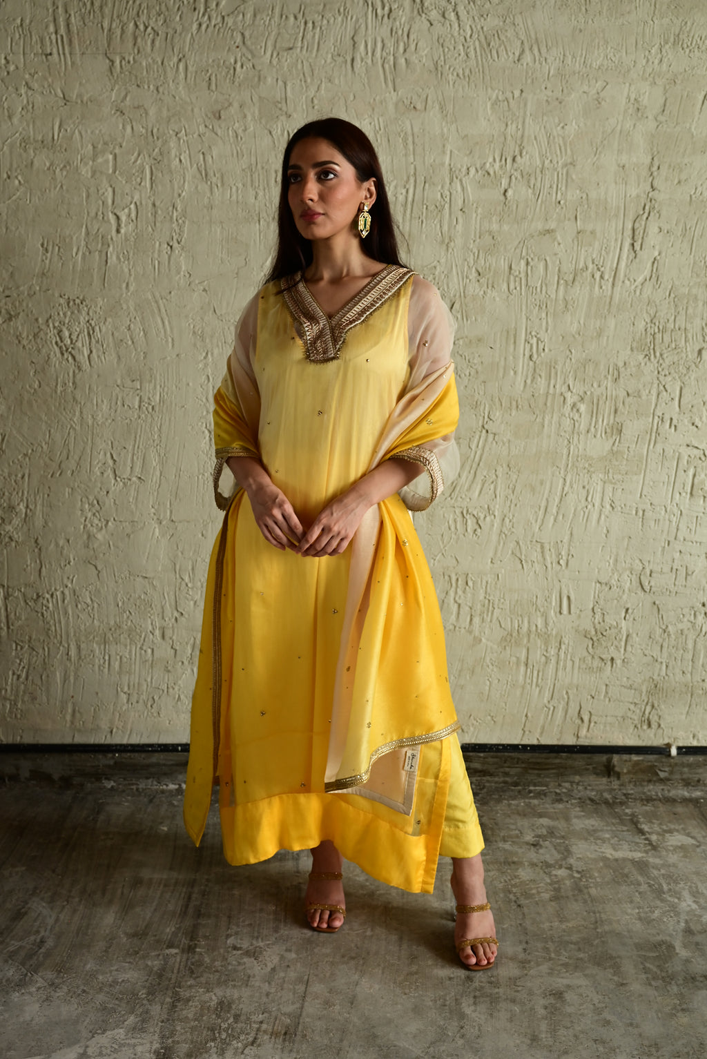 Ghevar Waahida Kaftan in Yellow Ombre Organza with Satin Silk Slip with Yellow Silk Pant