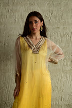 Ghevar Waahida Kaftan in Yellow Ombre Organza with Satin Silk Slip with Yellow Silk Pant
