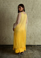 Ghevar Waahida Kaftan in Yellow Ombre Organza with Satin Silk Slip with Yellow Silk Pant
