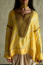 Shabana Yellow Leheriya with Ivory Cowl Skirt
