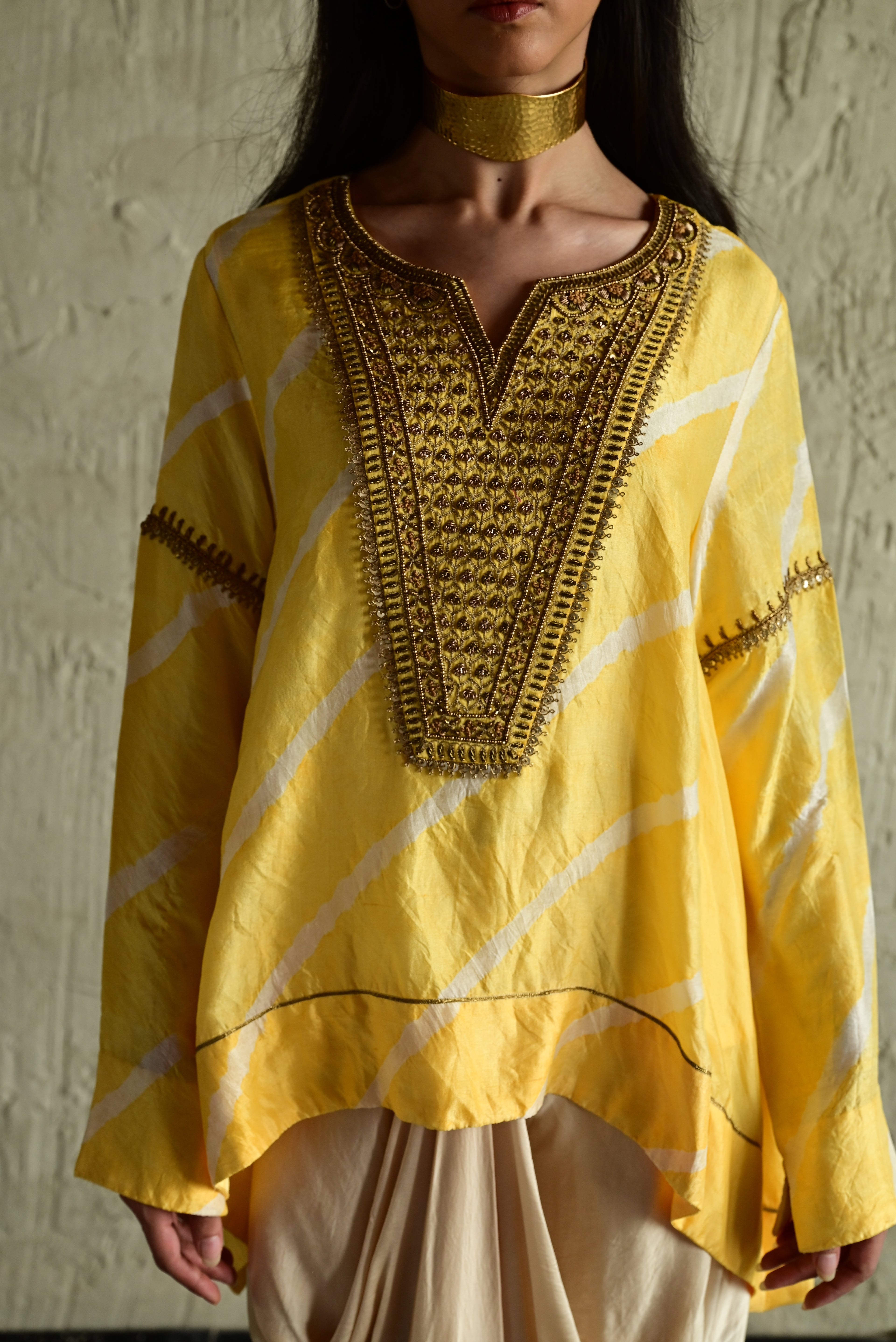 Shabana Yellow Leheriya with Ivory Cowl Skirt
