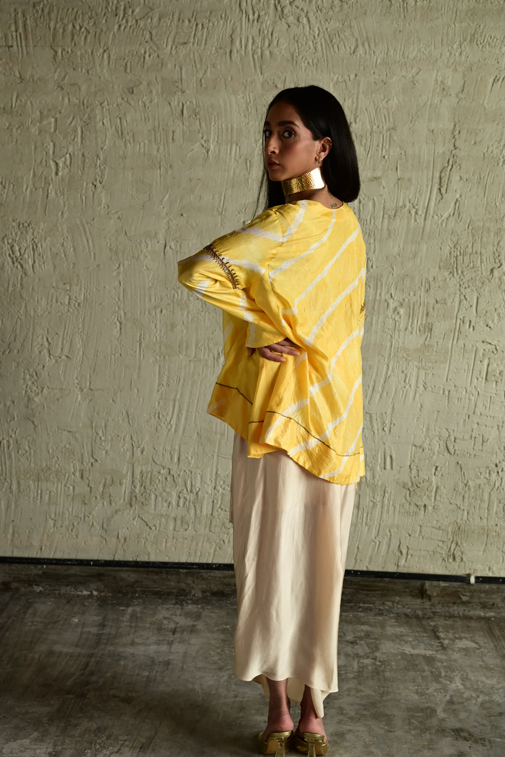 Shabana Yellow Leheriya with Ivory Cowl Skirt
