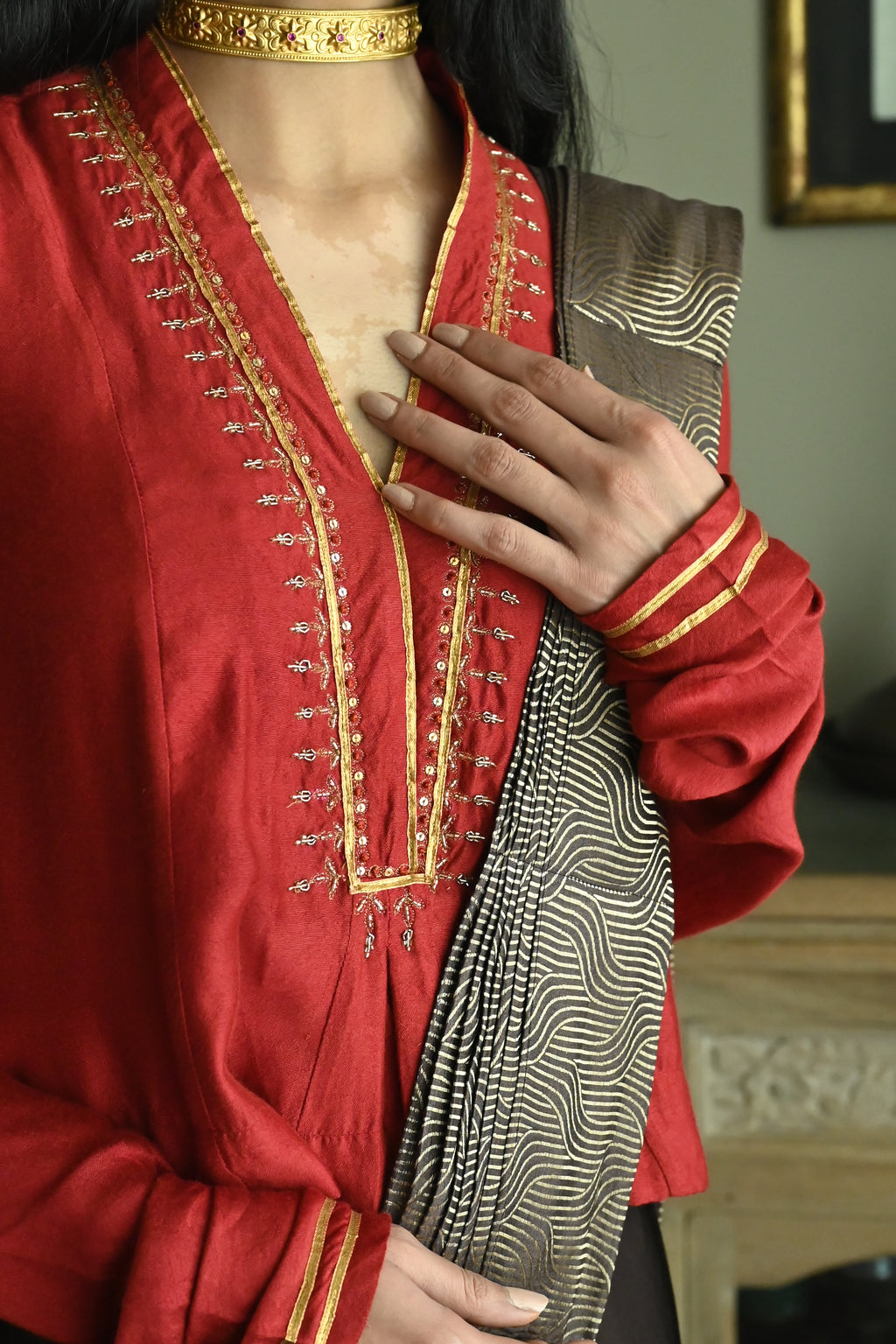 Sashiko Blouse in Red Silk